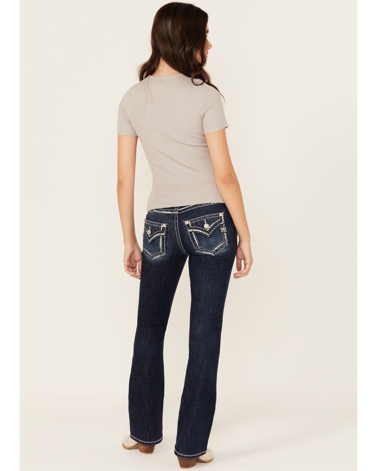 Miss Me Women's Dark Wash Mid Rise Border Pocket Bootcut Stretch Denim Jeans