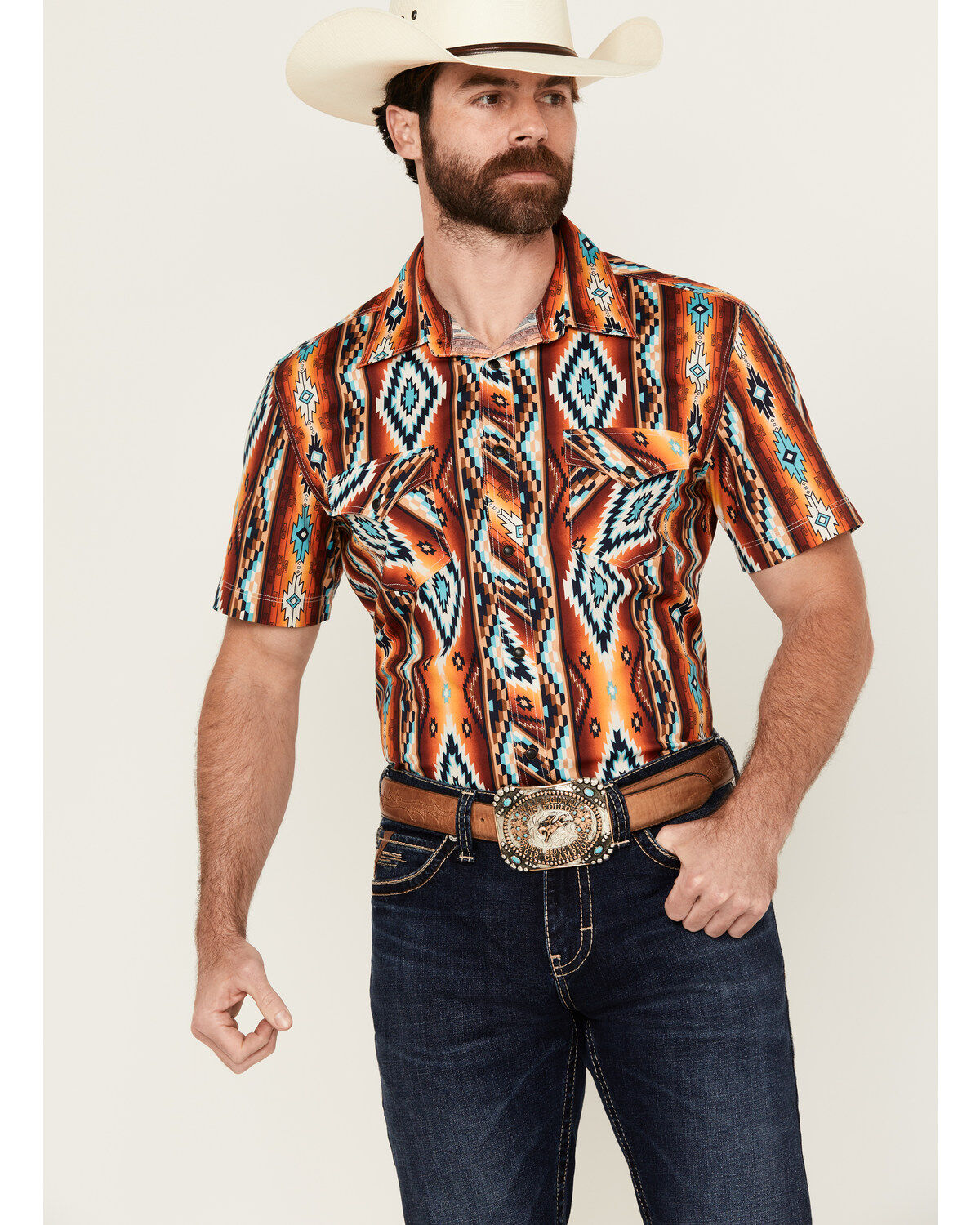Rock & Roll Denim Men's Southwestern Print Short Sleeve Snap Stretch Western Shirt