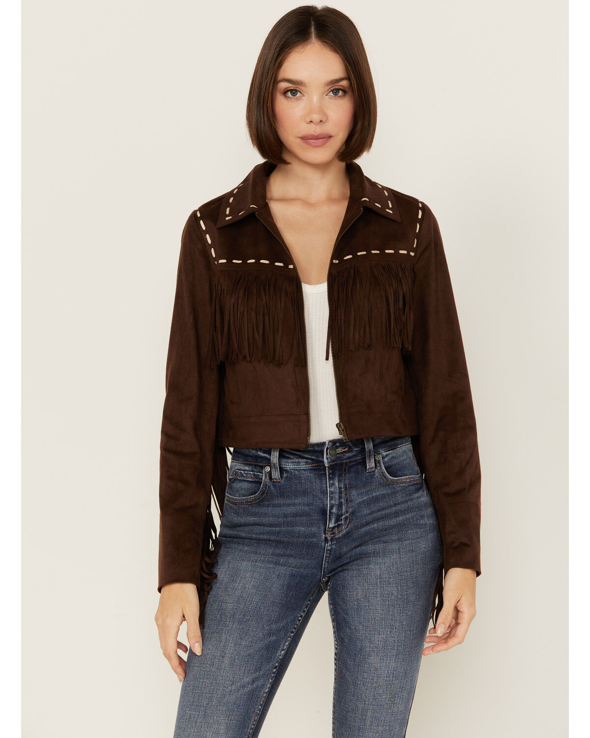Shyanne Women's Faux Suede Contrast Stitch Fringe Jacket