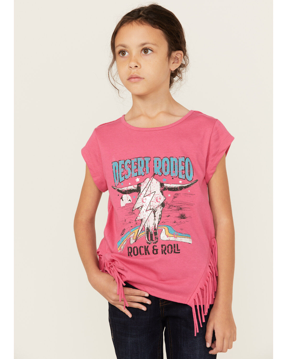Rock & Roll Denim Girls' Steer Head Fringe Short Sleeve Tee