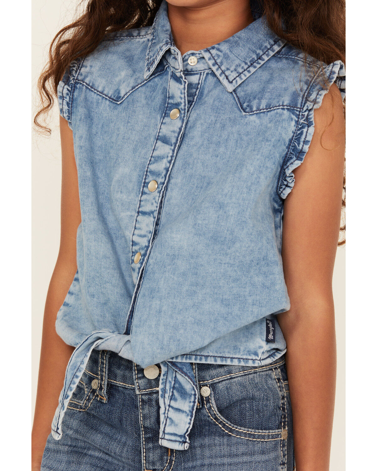 Wrangler Girls' Tie Front Sleeveless Pearl Snap Denim Shirt