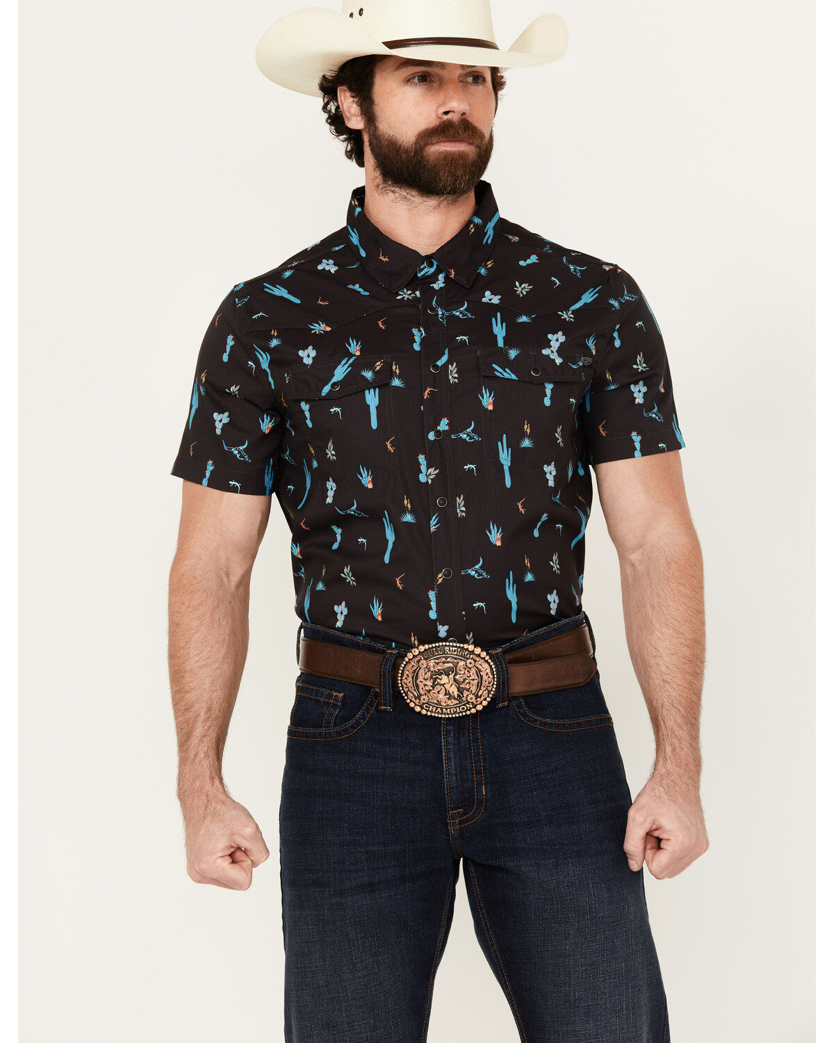 Rock & Roll Denim Men's Tek Cactus Print Short Sleeve Snap Western Shirt