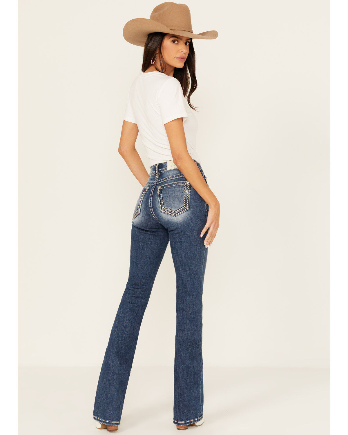 Miss Me Women's Medium Wash Mid Rise Border Stitch Bootcut Stretch Denim Jeans