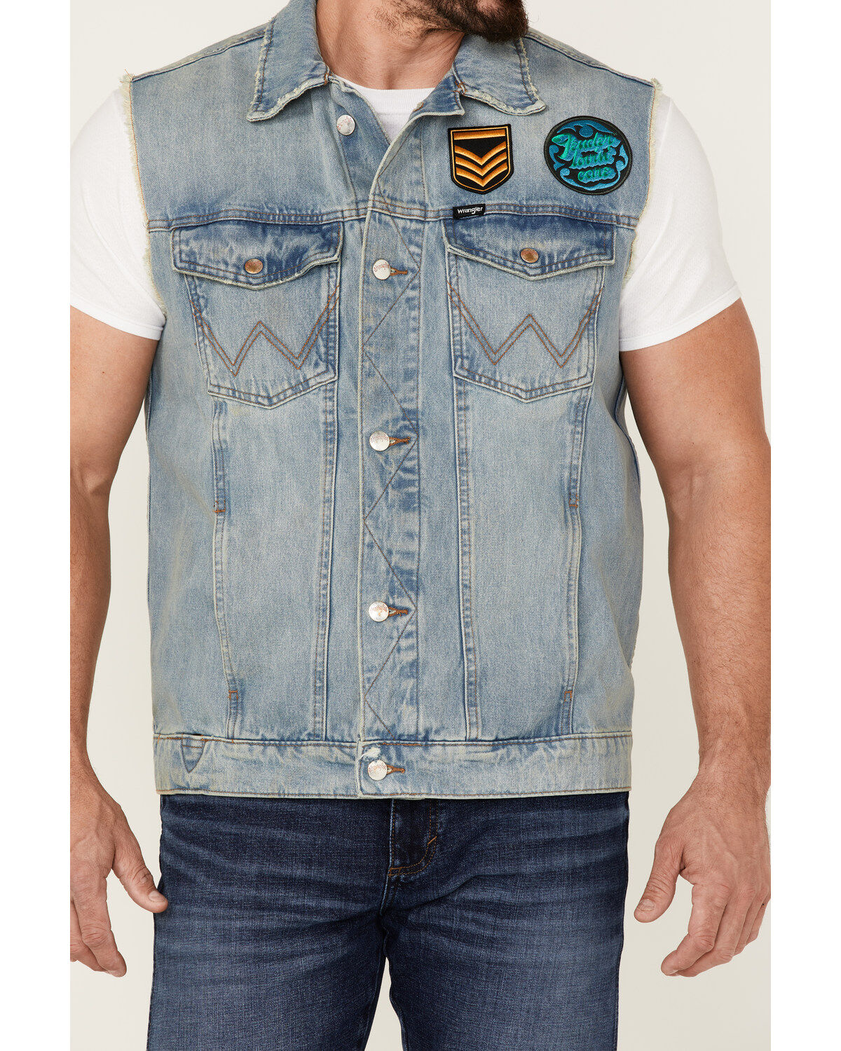 Wrangler X Fender Men's Cowboy Rockstar Patch Denim Vest