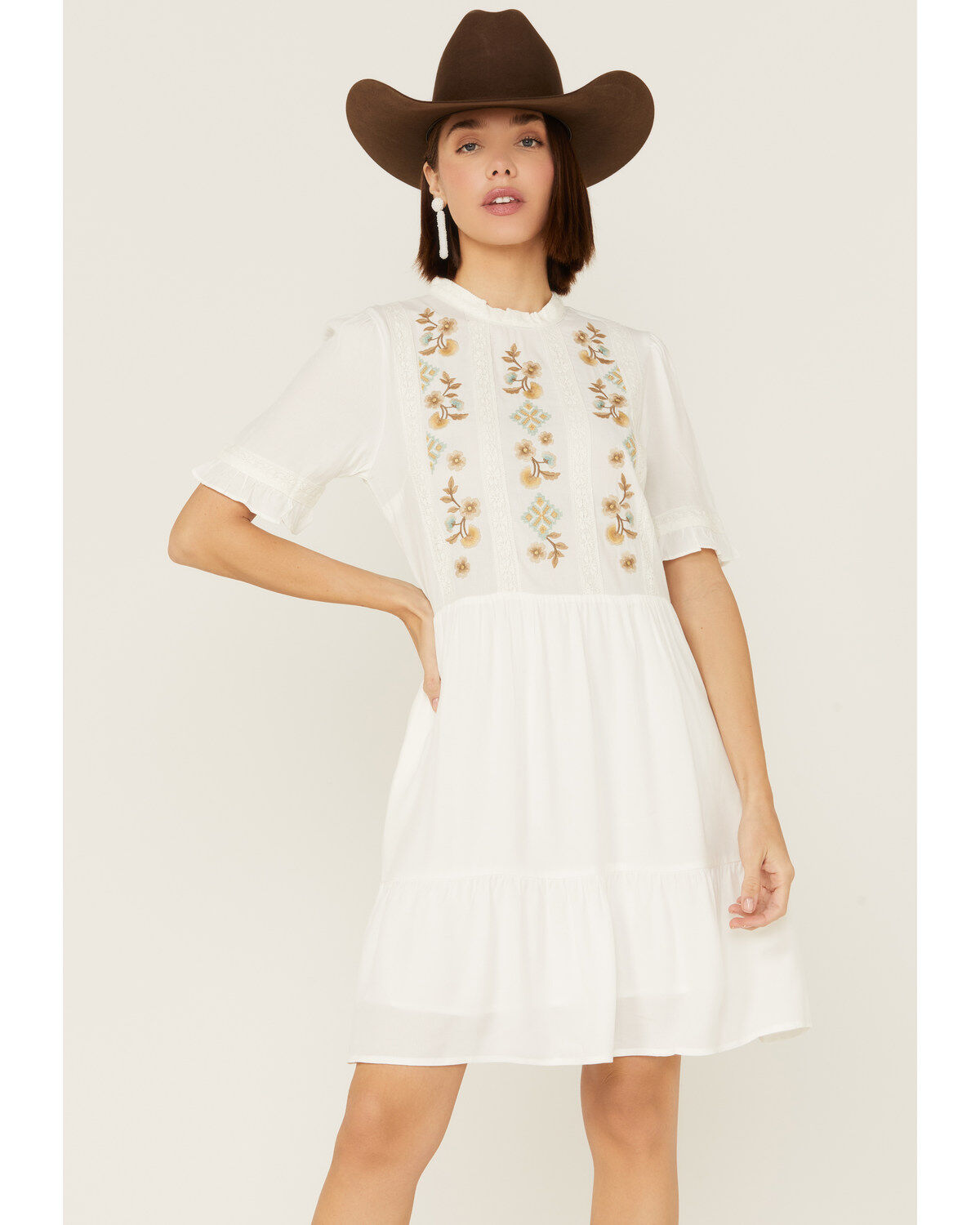 Stetson Women's Embroidered Floral Ruffle Surplice Mini Dress