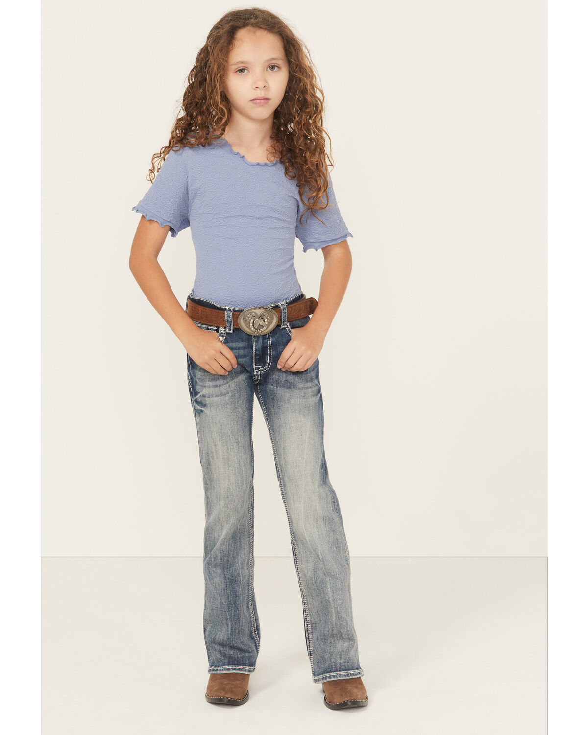 Grace in LA Little Girls' Light Wash Double Horseshoe Pocket Bootcut Stretch Denim Jeans