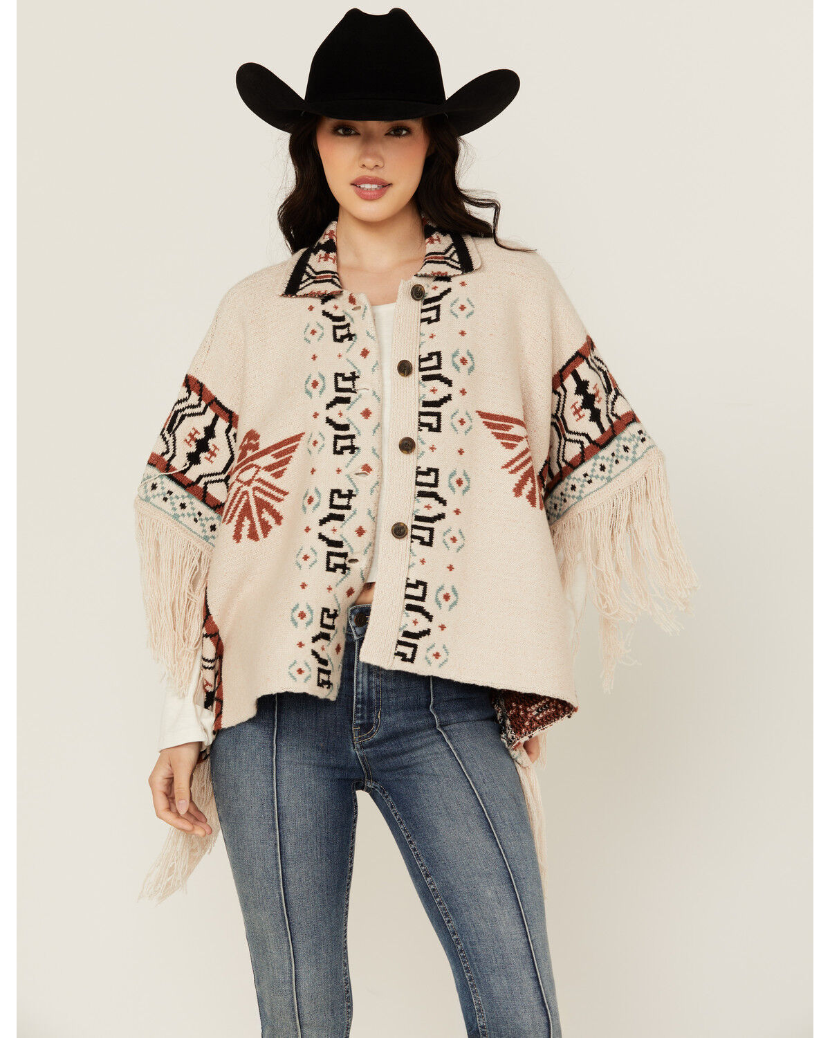 Idyllwind Women's Flyaway Southwestern Print Fringe Button-Down Poncho