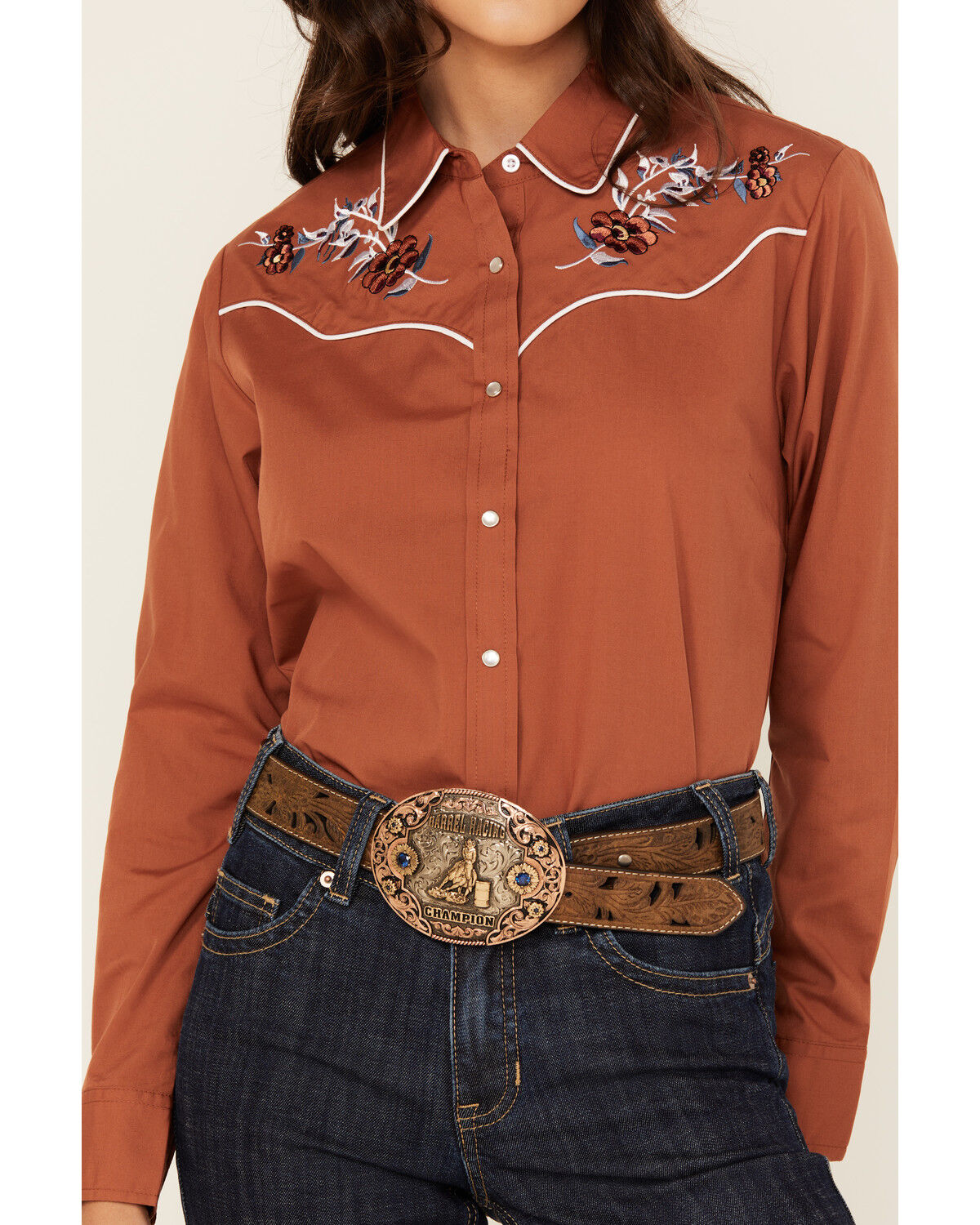 Ely Walker Women's Floral Embroidered Long Sleeve Pearl Snap Western Shirt