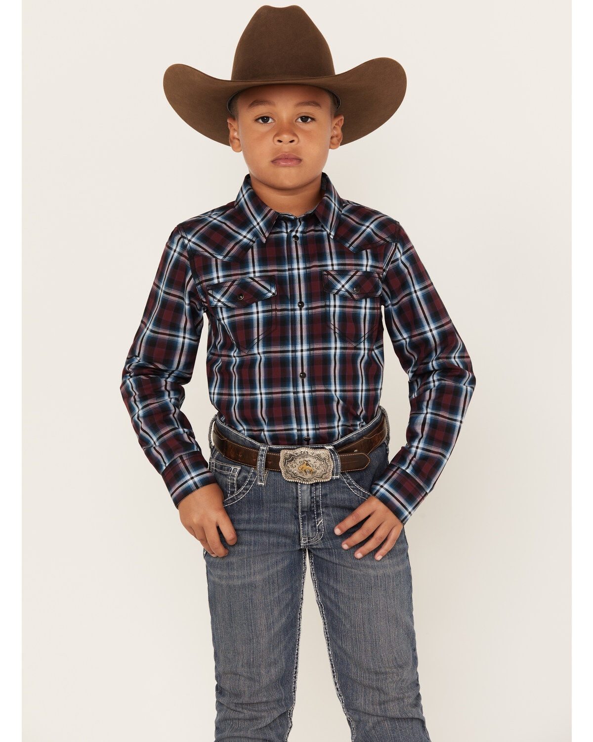 Cody James Boys' Plaid Print Long Sleeve Snap Western Shirt