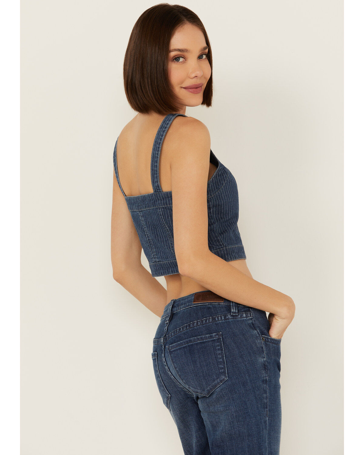 Rock & Roll Denim Women's Dark Wash Pinstripe Denim Corset Crop Top