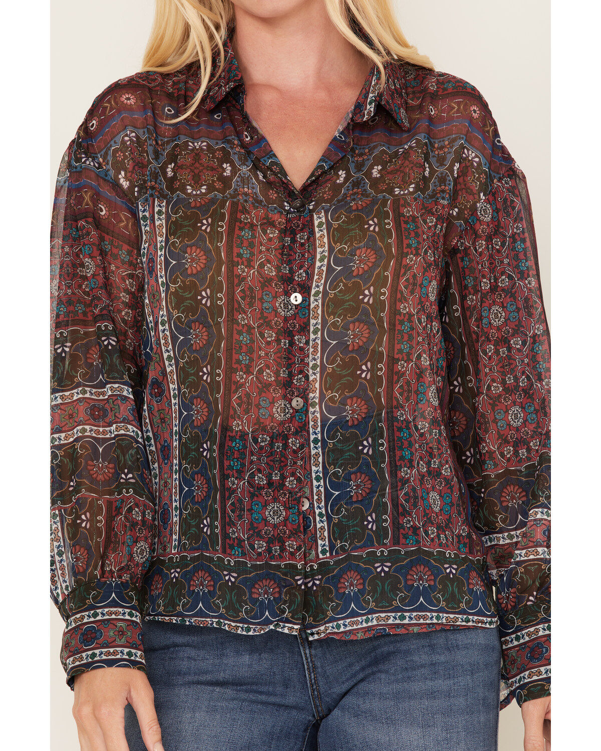 Molly Bracken Women's Metallic Floral Stripe Blouse