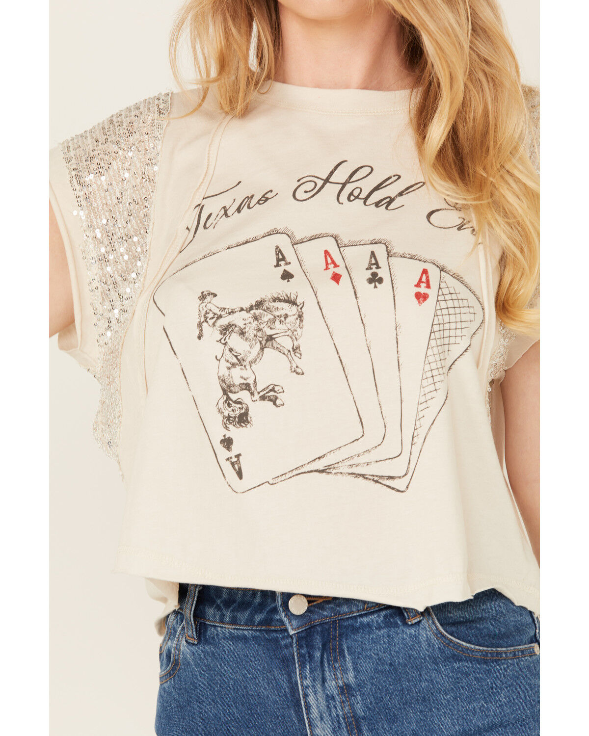 Originality Women's Texas Hold Em' Sequin Short Sleeve Graphic Tee