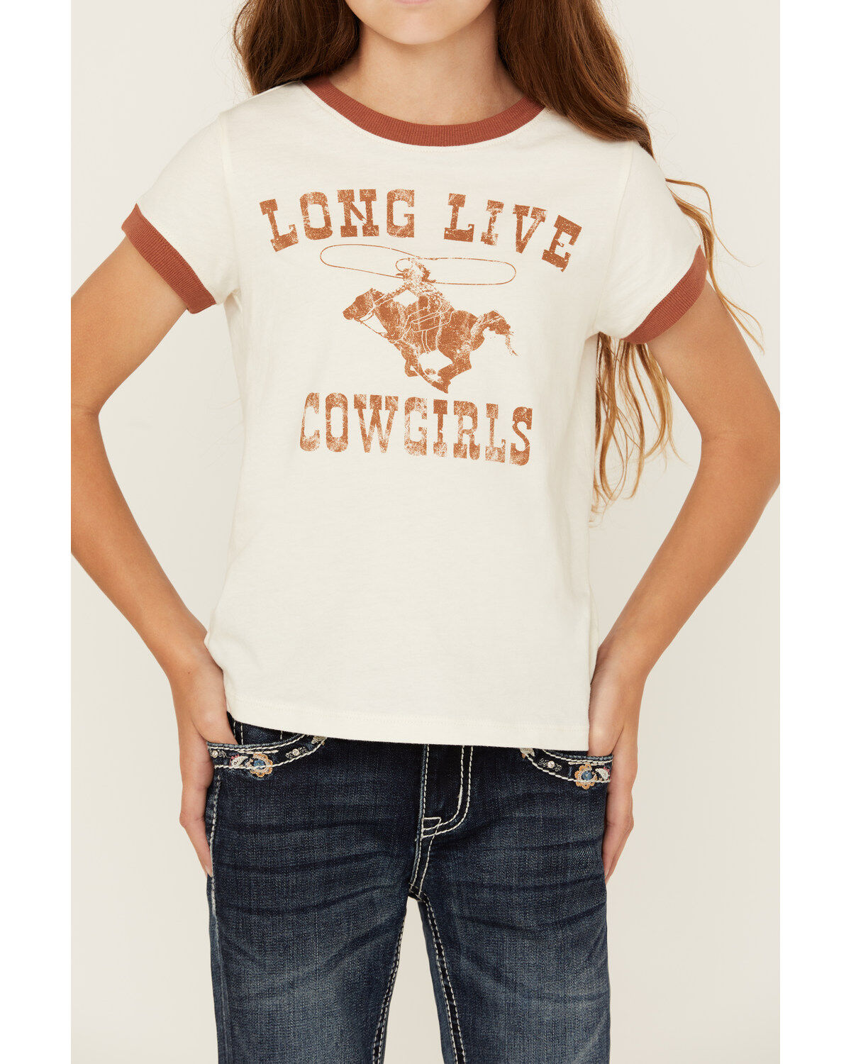 Shyanne Girls' Long Live Cowgirls Short Sleeve Graphic Ringer Tee