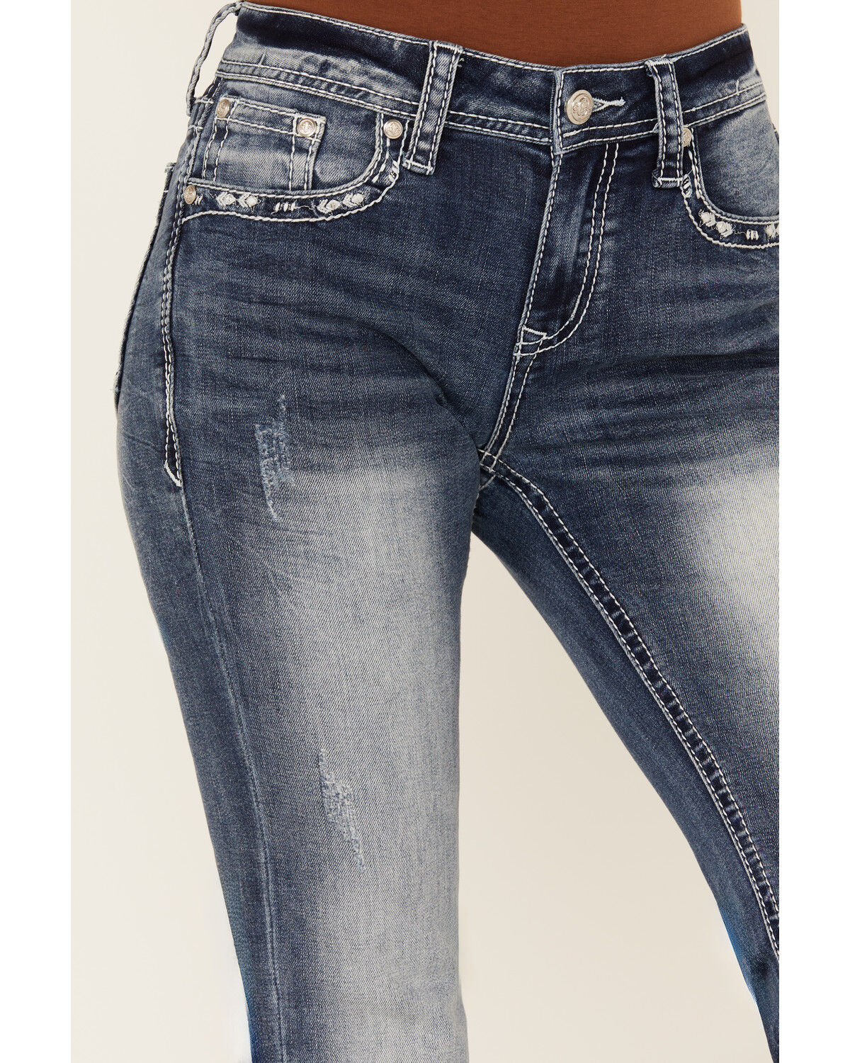 Grace In LA Women's Medium Wash Cross Embroidered Mid Rise Bootcut Stretch Denim Jeans