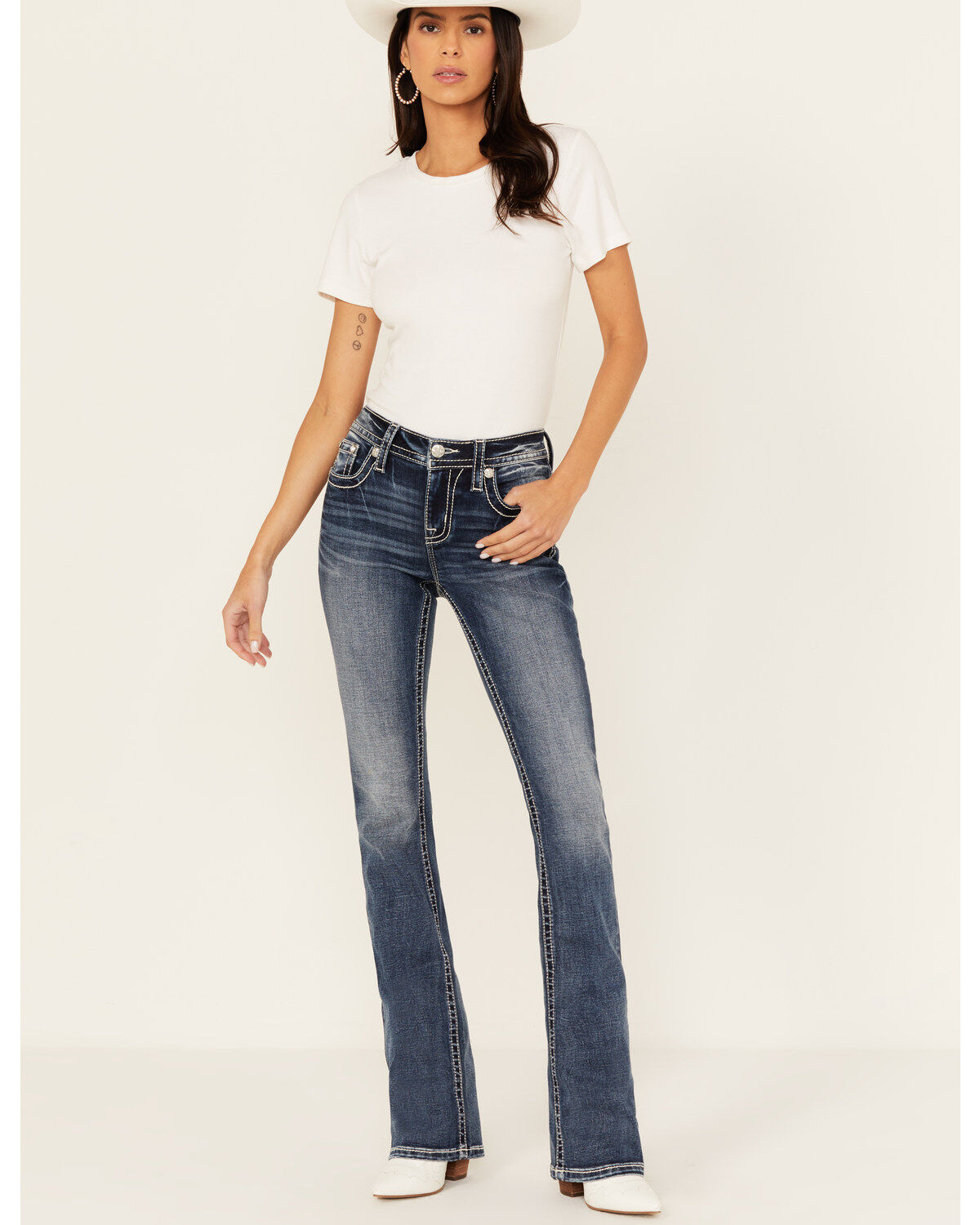 Miss Me Women's Dark Rise Mid Wash Geo Feather Pocket Bootcut Stretched Denim Jeans