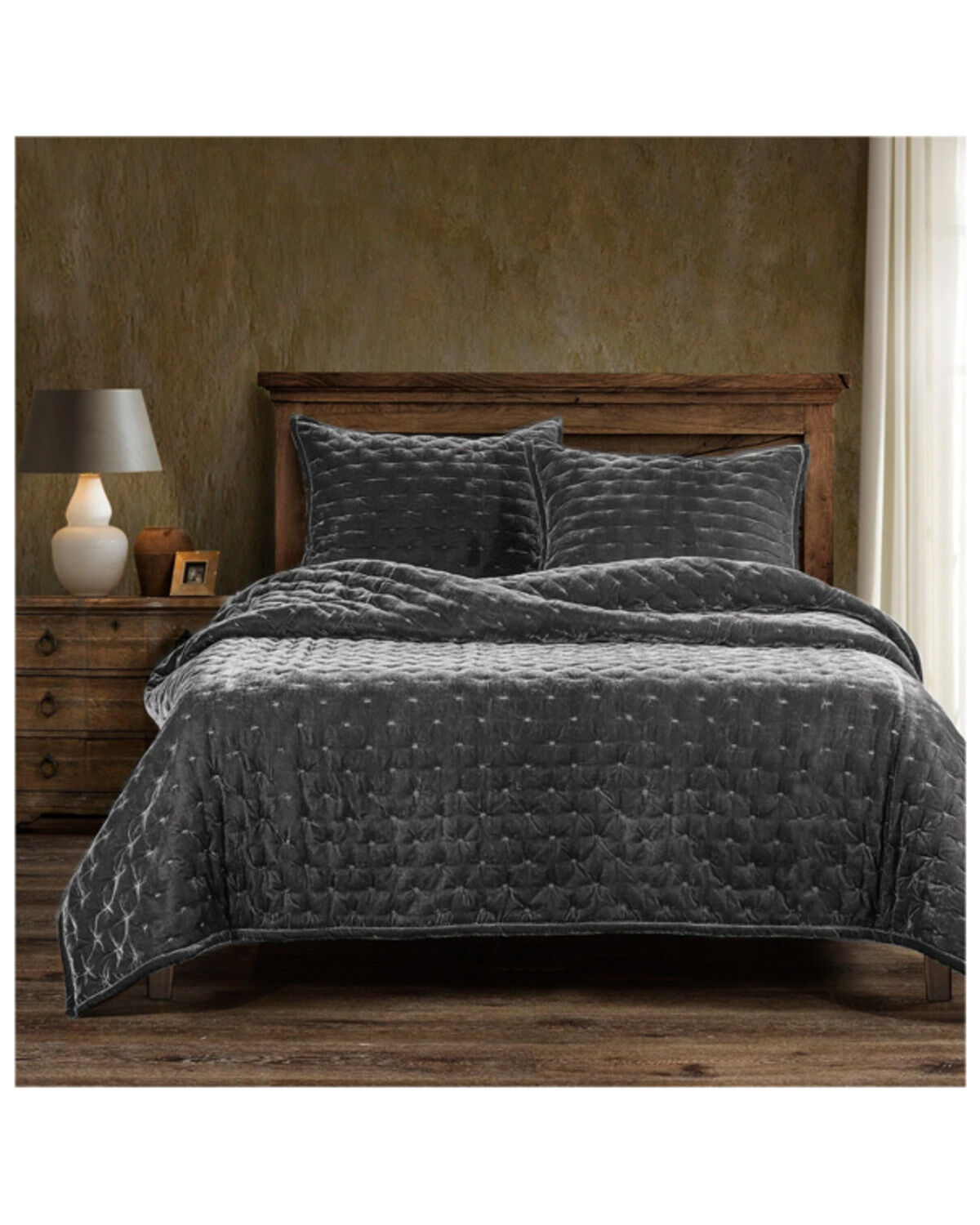 HiEnd Accents Slate Stella Faux Silk Velvet 3-Piece Queen Quilt Set