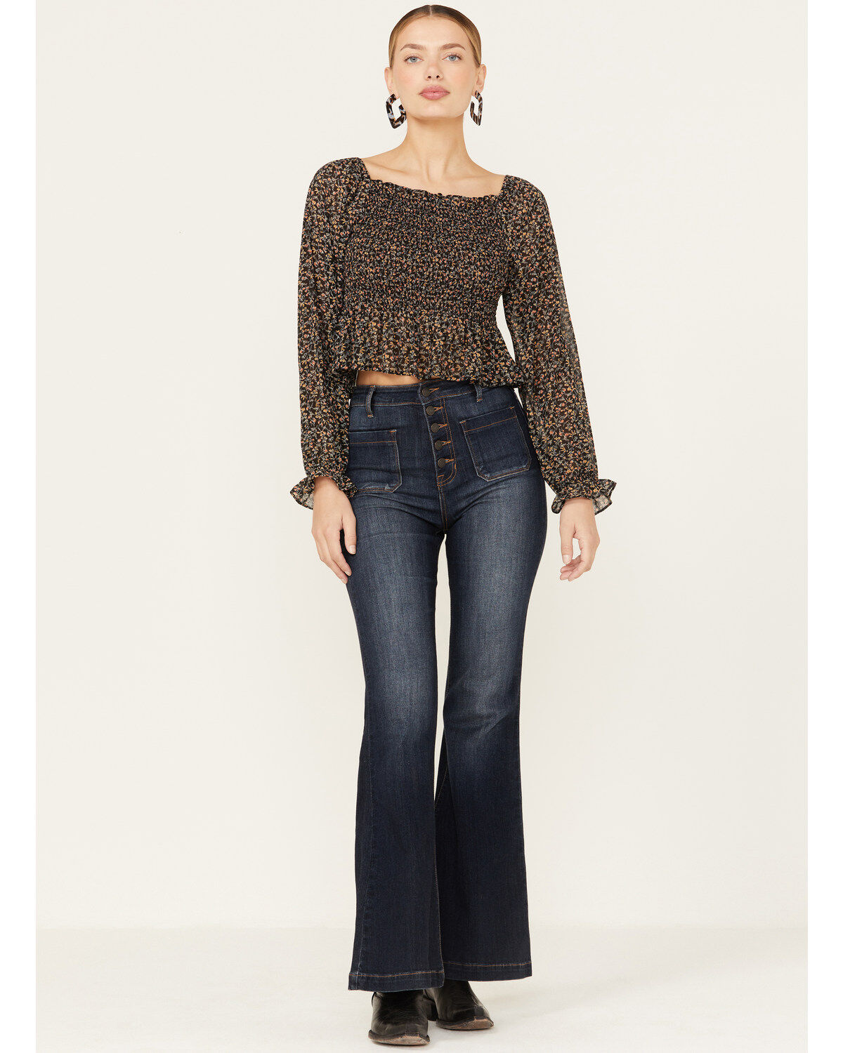 Beyond The Radar Women's Floral Smocked Off Shoulder Woven Long Sleeve Top