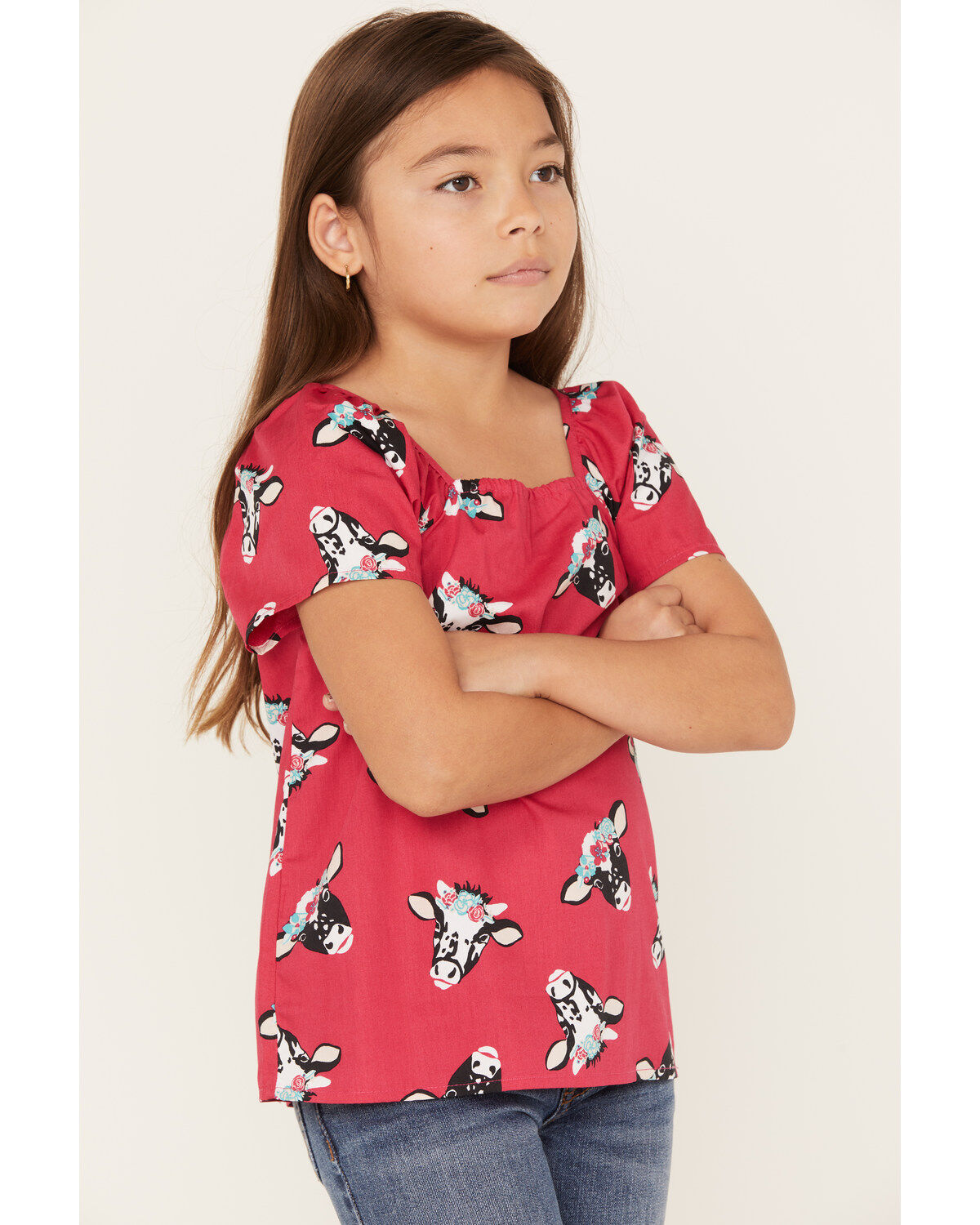Wrangler Girls' Cow Head Print Puff Sleeve Shirt
