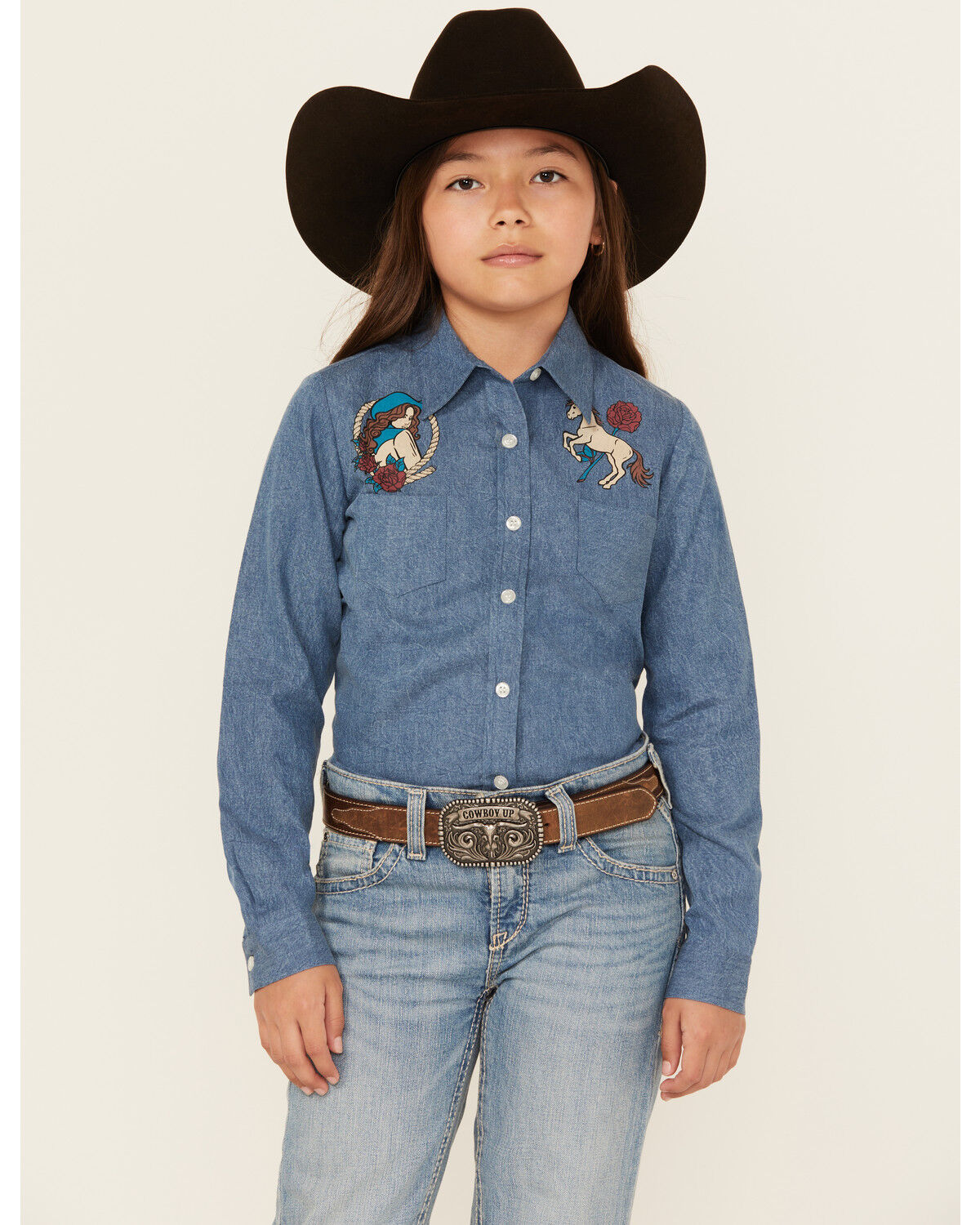 Roper Girls' Western Long Sleeve Button-Down Denim Shirt