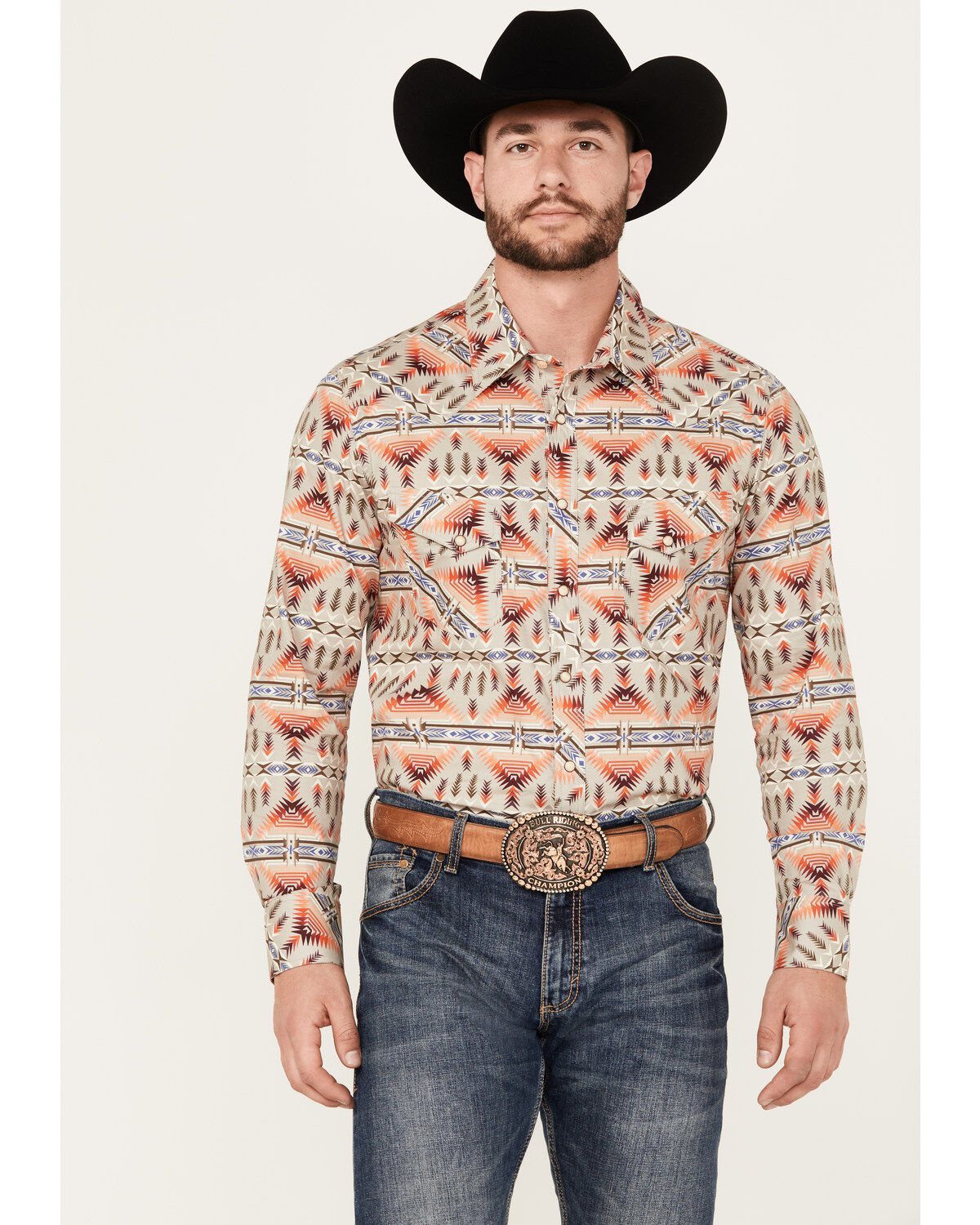 Rock & Roll Denim Men's Southwestern Print Stretch Long Sleeve Snap Western Shirt
