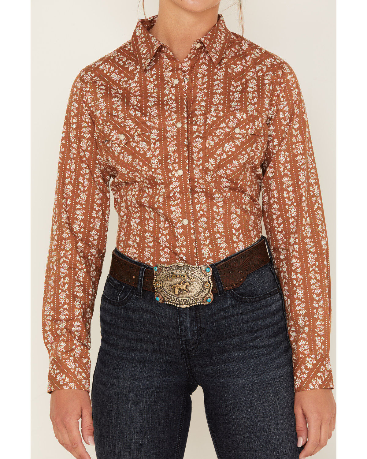 Wrangler Women's Boot Barn Exclusive Floral Dot Stripe Print Long Sleeve Western Pearl Snap Shirt