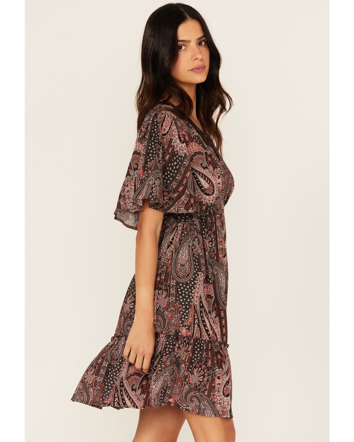 Shyanne Women's Crochet Trim Printed Short Sleeve Mini Dress