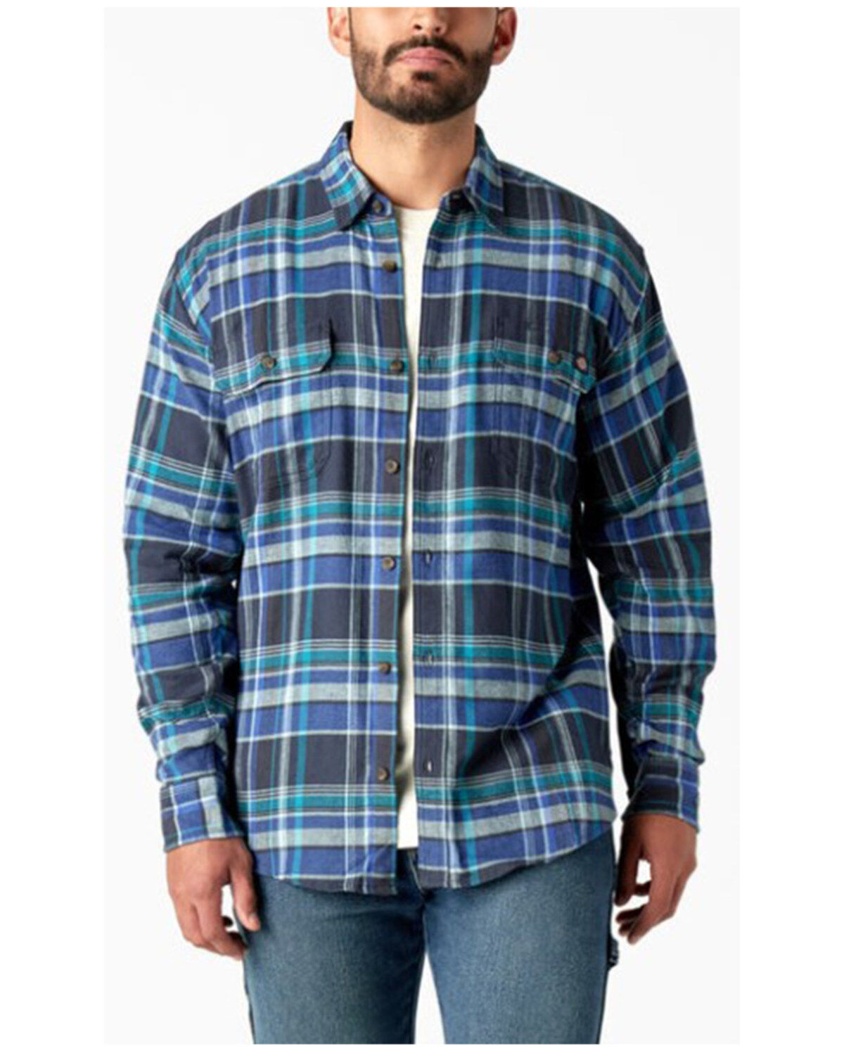 Dickies Men's Flex Plaid Print Long Sleeve Button-Down Flannel Work Shirt