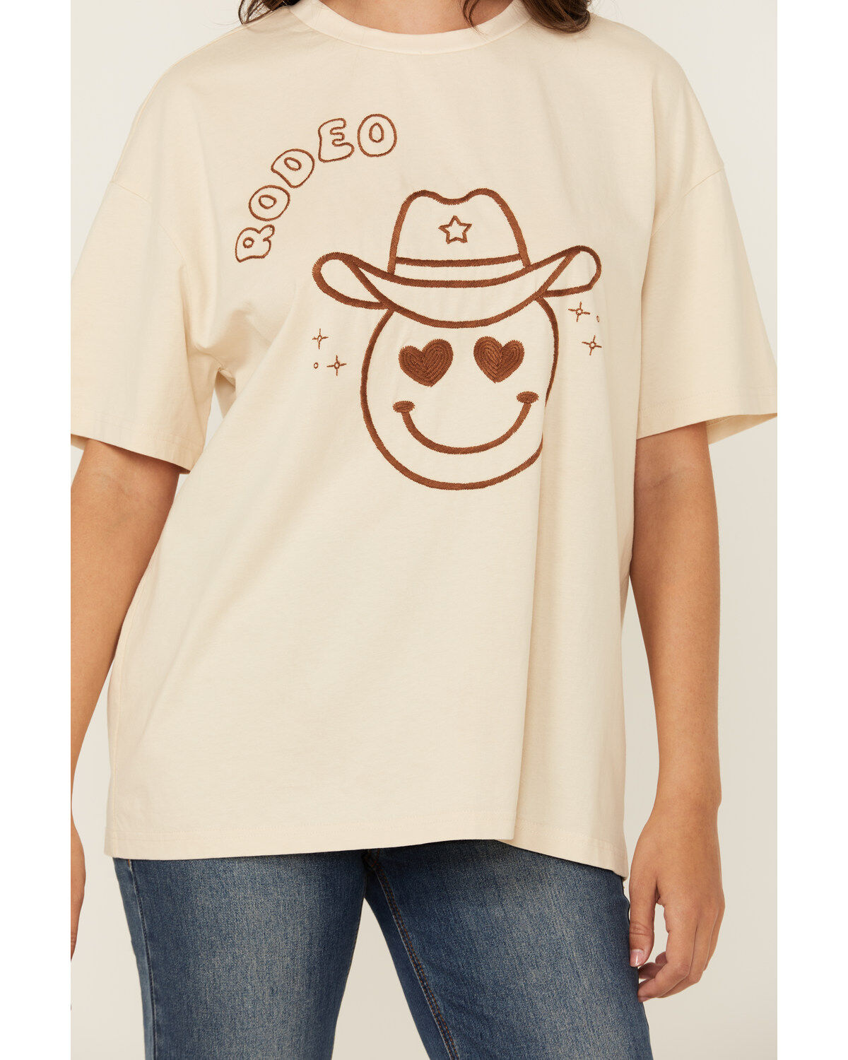 Blue B Women's Embroidered Smiley Rodeo Short Sleeve Graphic Tee