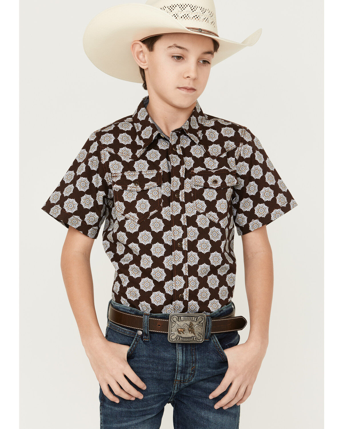 Cody James Boys' Medallion Print Short Sleeve Snap Western Shirt