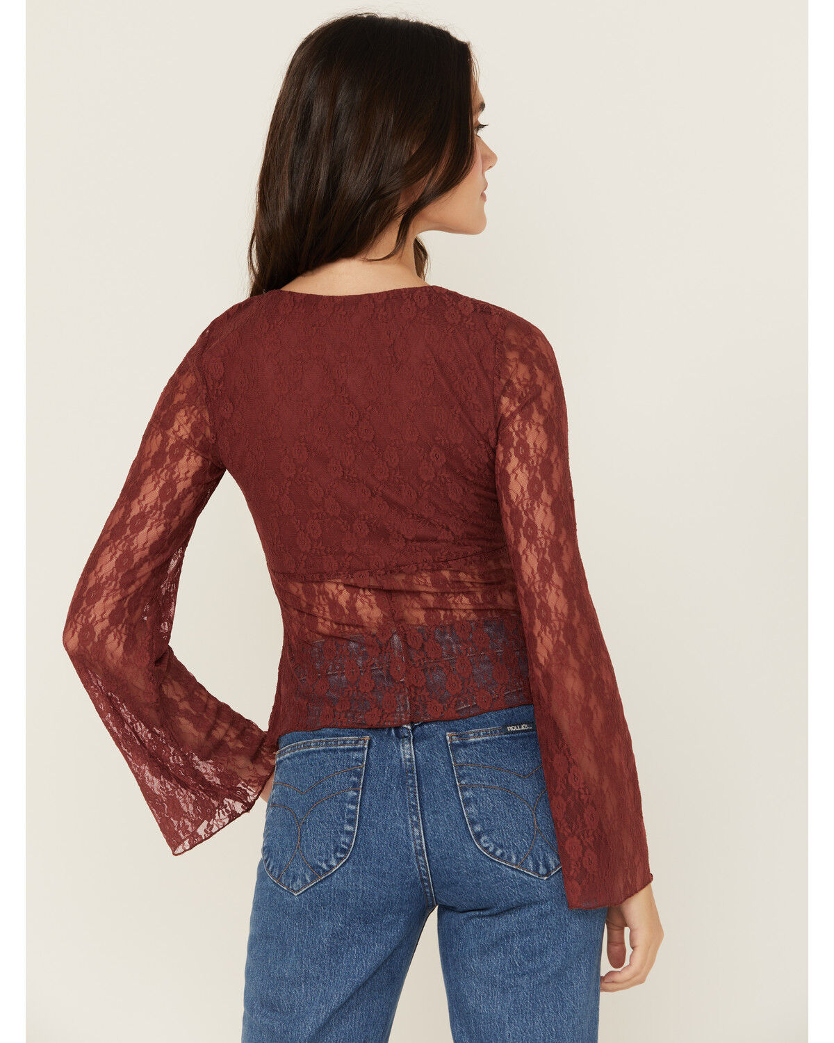 Trixxi Women's Solid Lace Long Bell Sleeve Shirt