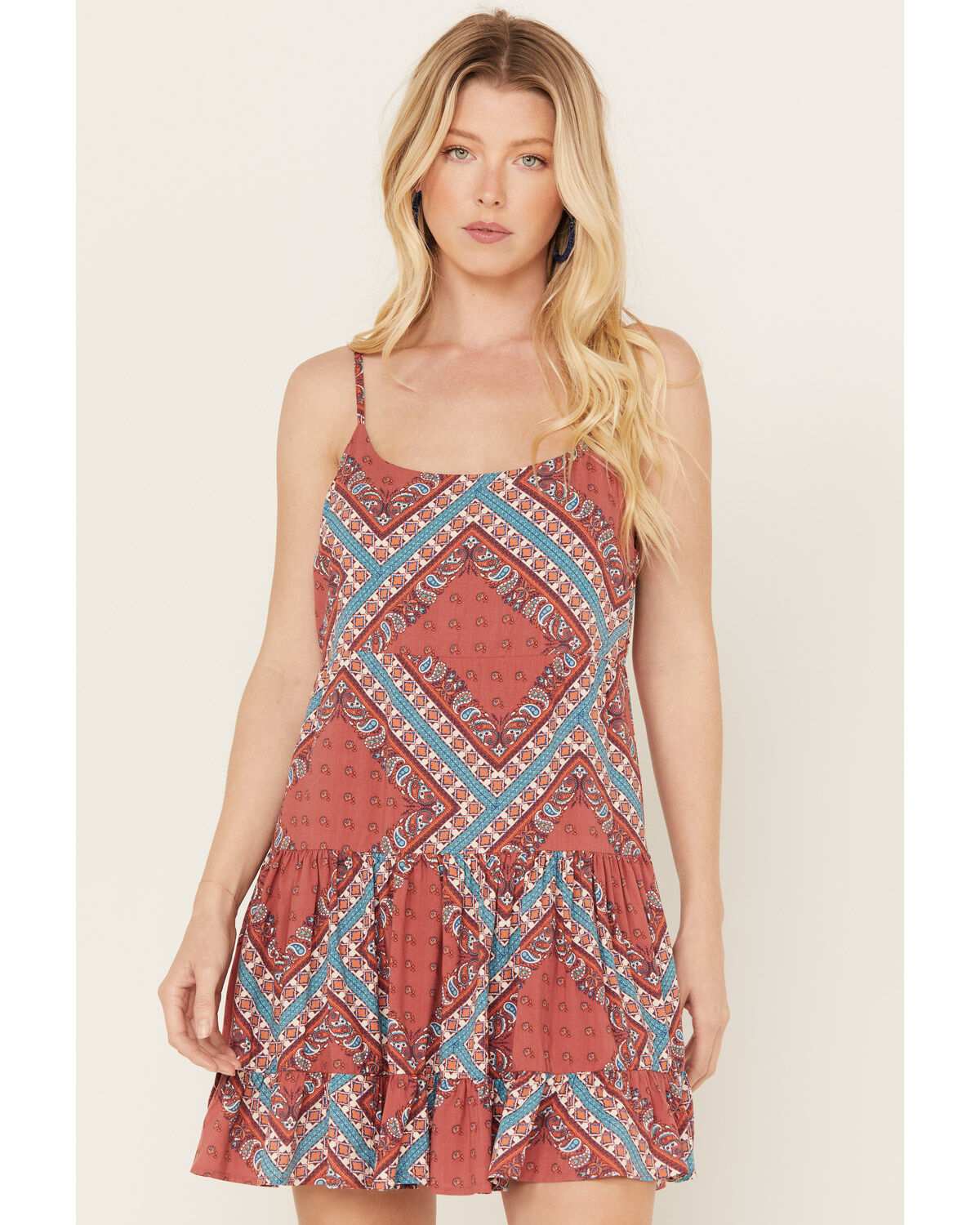 Rock & Roll Denim Women's Bandana Print Tiered Sleeveless Mini Dress
