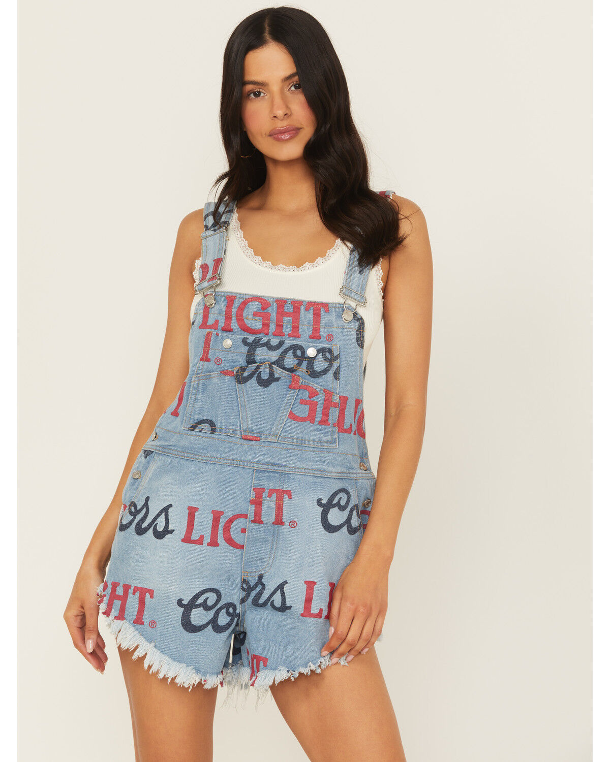 The Laundry Room Women's Medium Wash Coors Light Logo Print Denim Shortalls