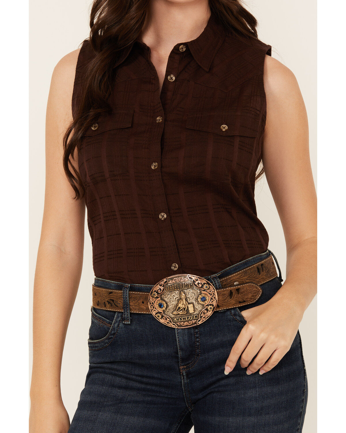 Shyanne Women's Shadow Striped Sleeveless Button-Down Western Shirt