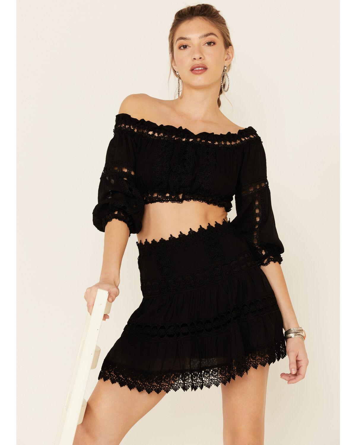 Revel Women's Cropped Off Shoulder Crochet Top