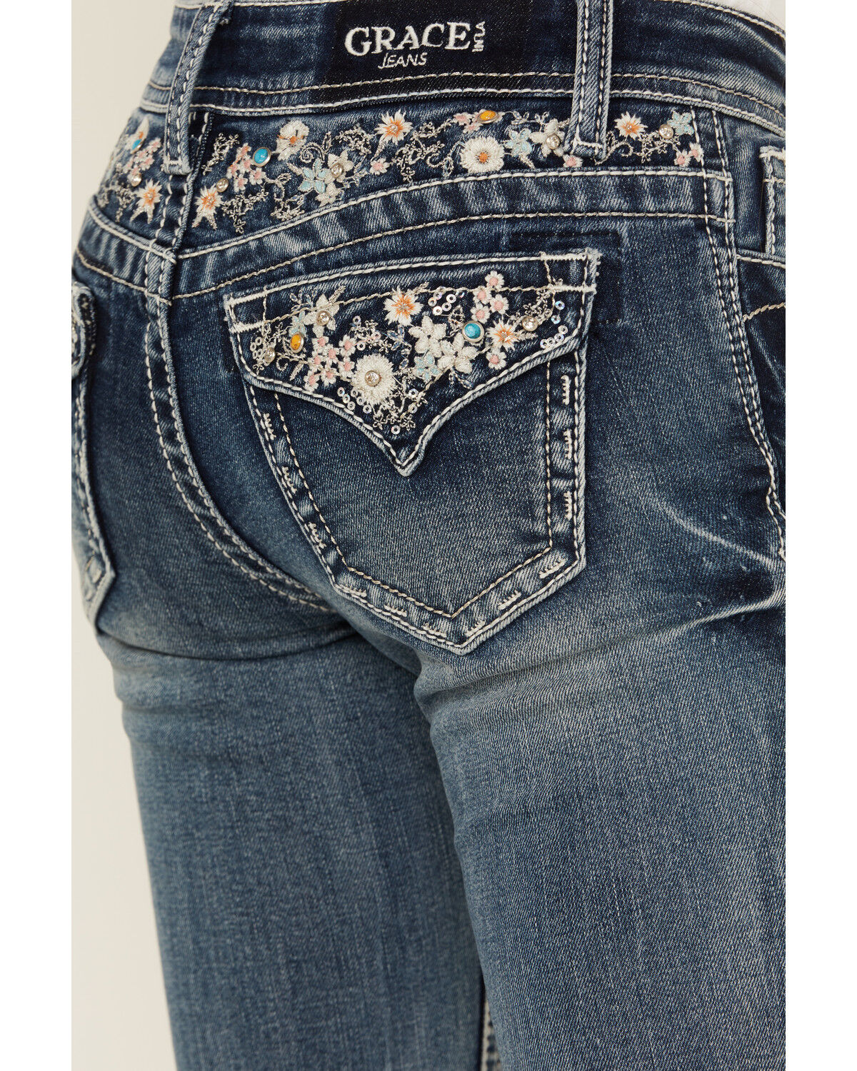 Grace in LA Girls' Medium Wash Floral Embroidered Stretch Bootcut Jeans