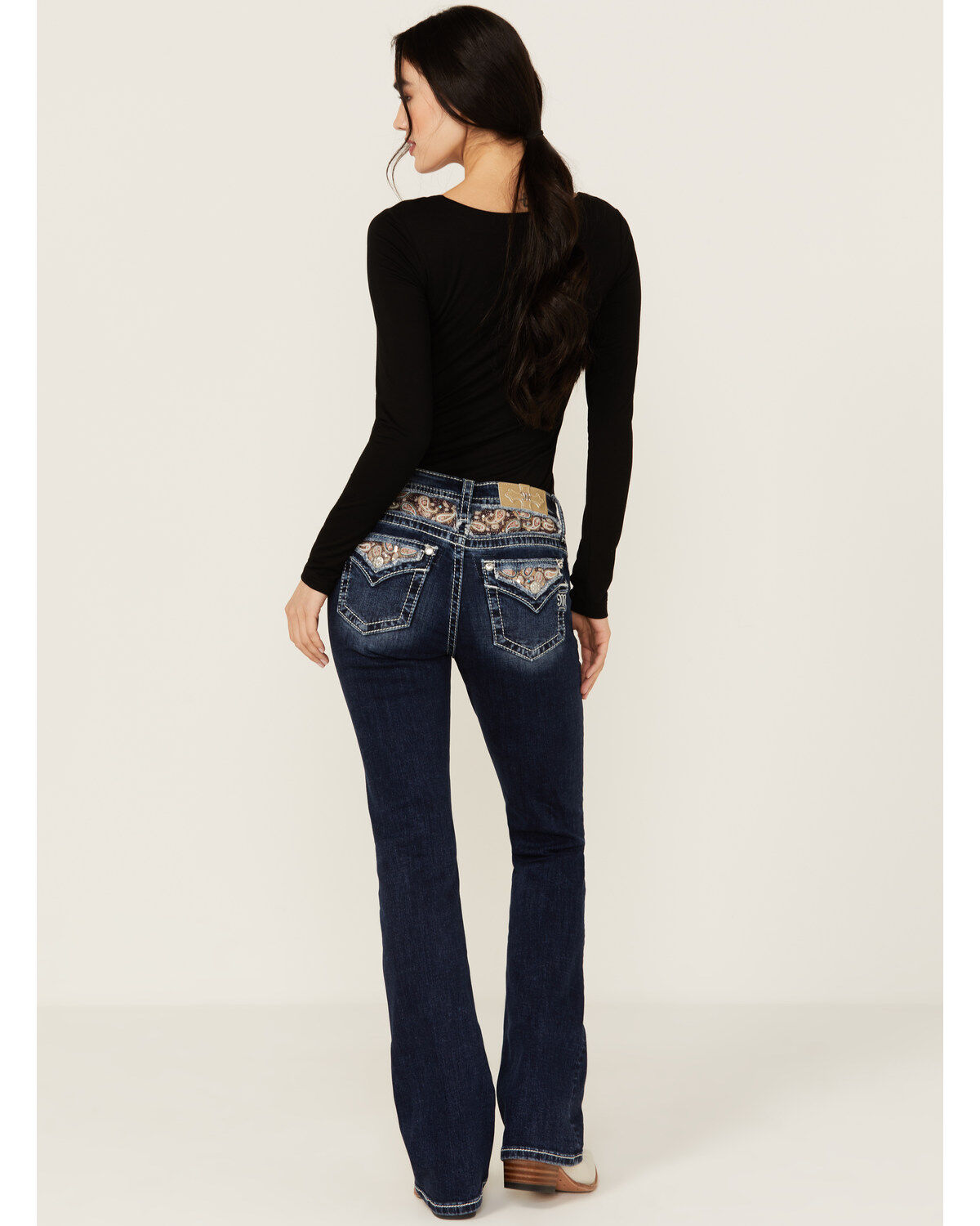 Miss Me Women's Dark Wash Faux Flap Sequin Paisley Pocket Mid Rise Bootcut Stretch Denim Jeans
