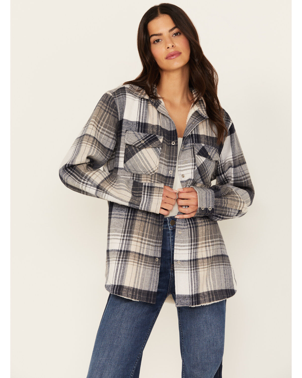 Pacific Teaze Women's Plaid Print Sherpa Lined Shacket