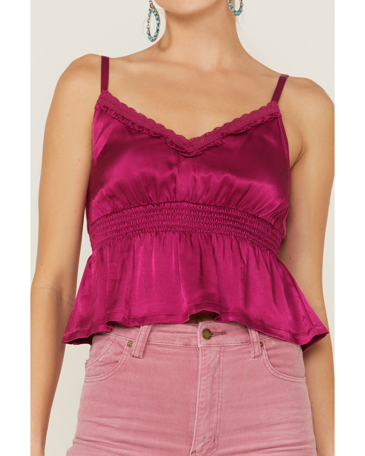 Shyanne Women's Fuchsia Satin Smocked Empire Cami