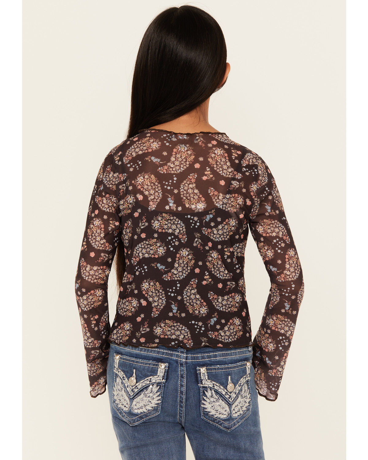 Trixxi Girls' Paisley Print Long Sleeve Mesh Top