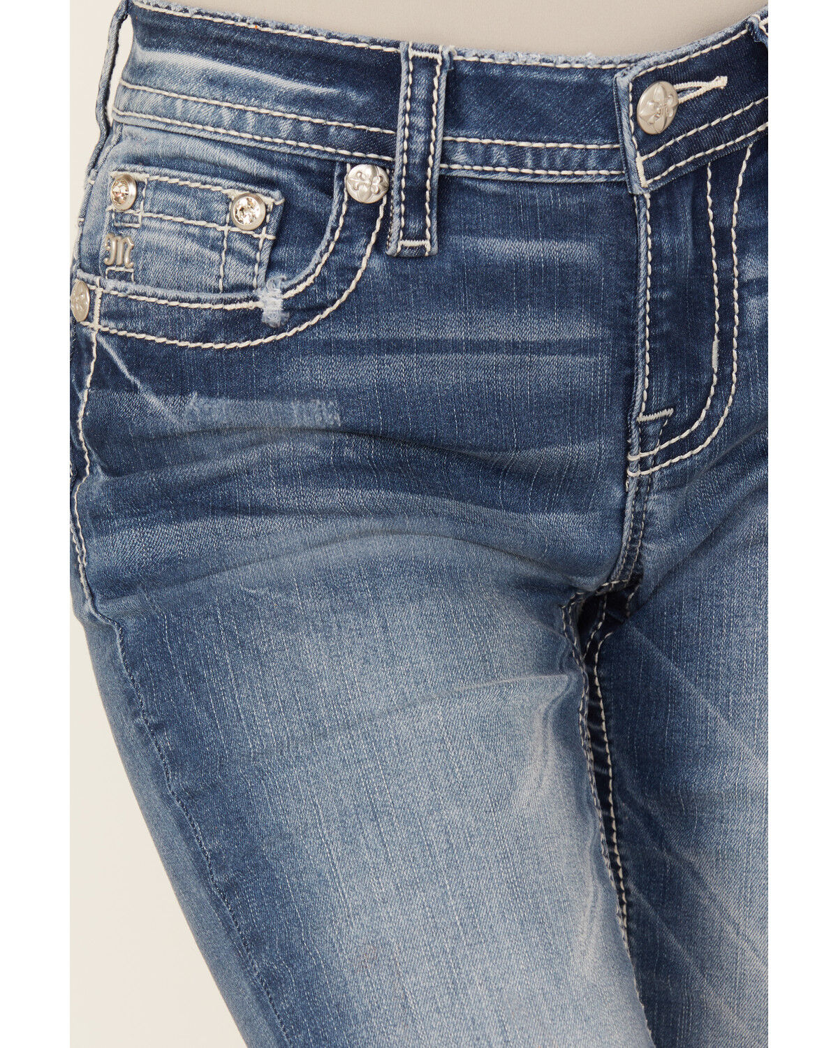 Miss Me Women's Medium Wash Mid Rise Fleur de Lis Pocket Bootcut Stretch Denim Jeans