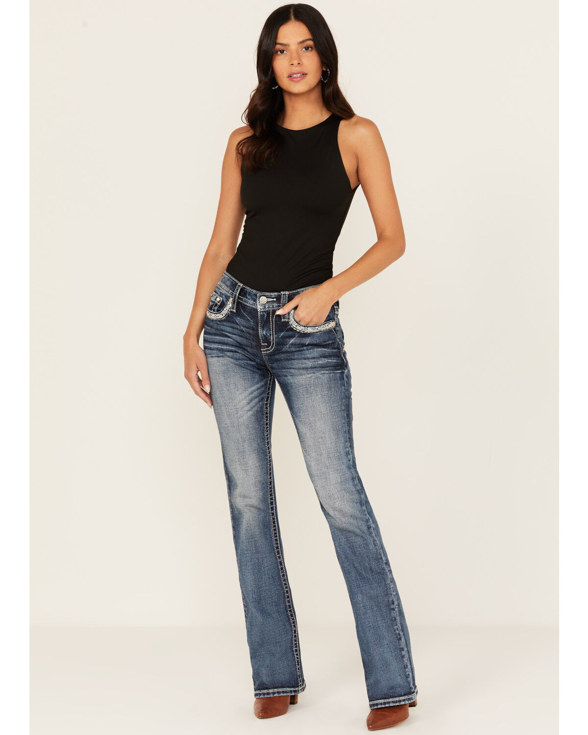 Miss Me Women's Medium Wash Embroidered Bootcut Stretch Denim Jeans