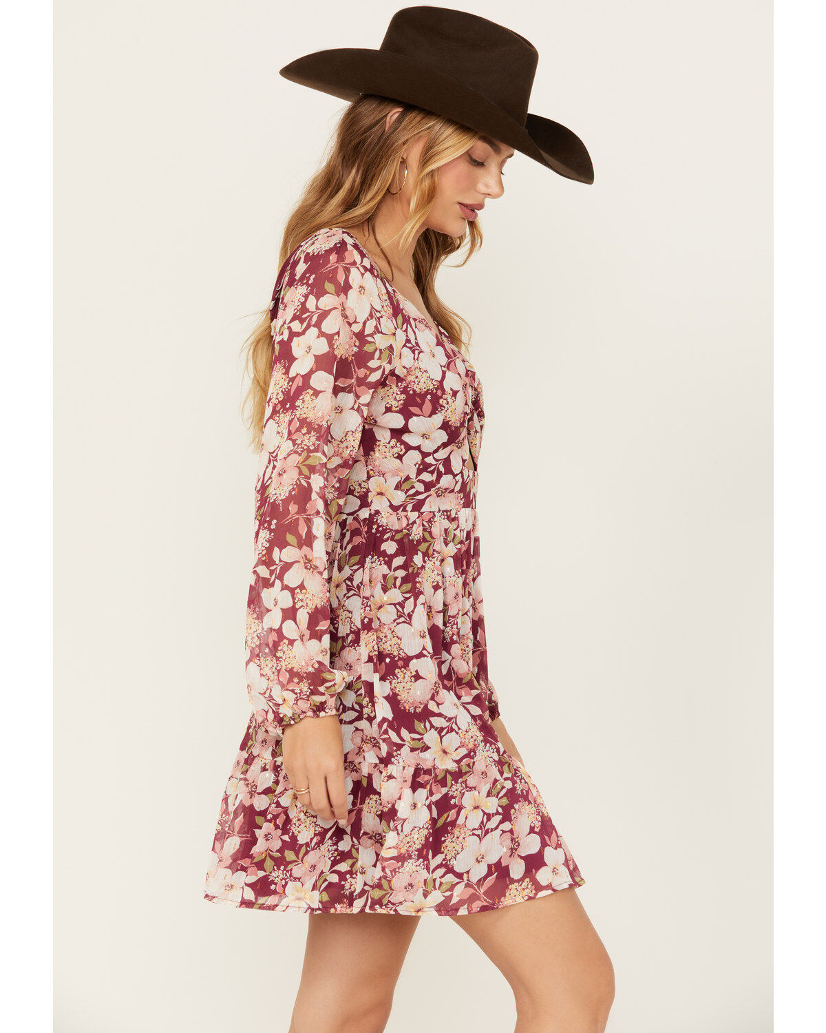 En Creme Women's Floral Cutout Long Sleeve Mini Dress
