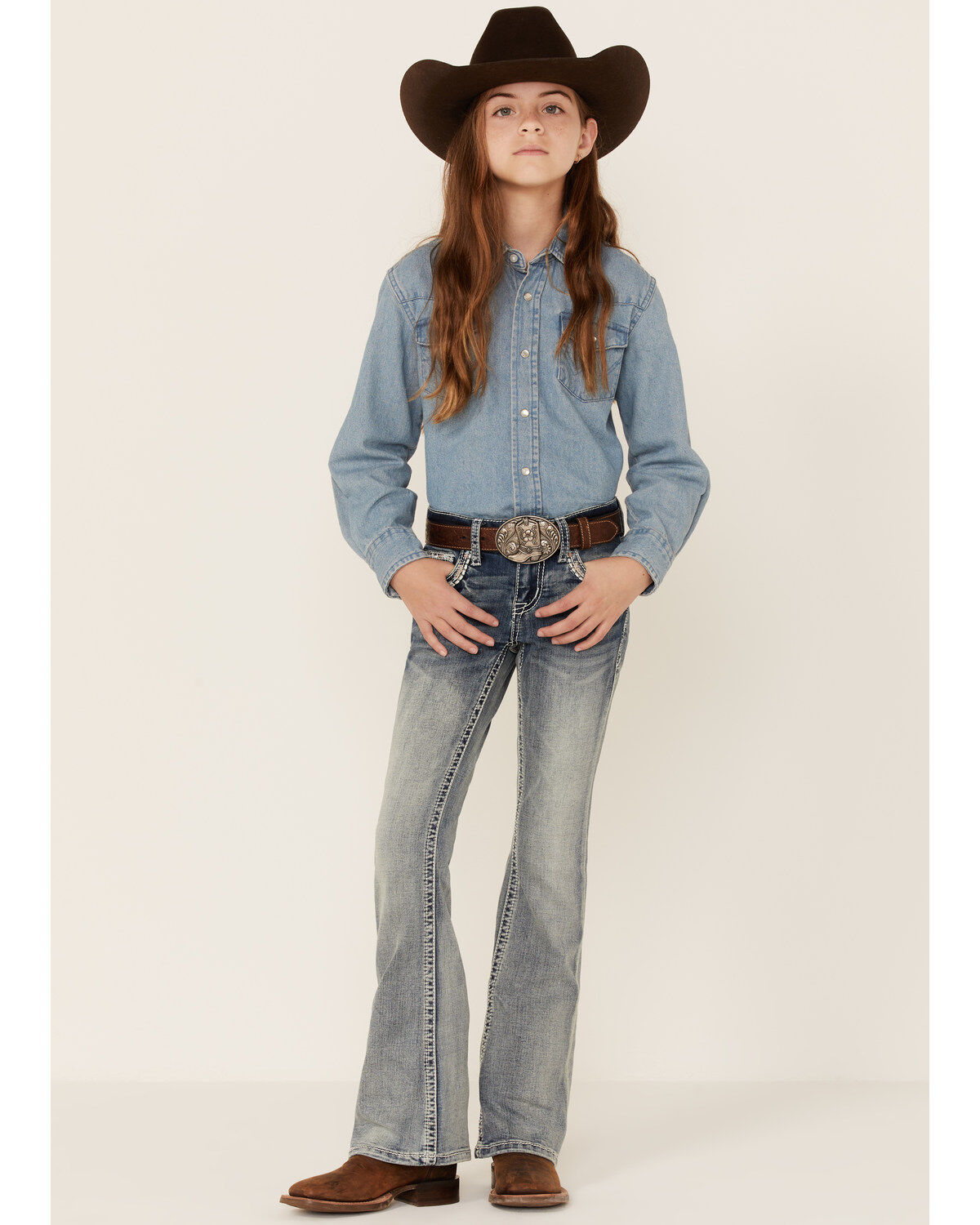 Grace In LA Girls' Medium Wash Border Pocket Bootcut Jeans