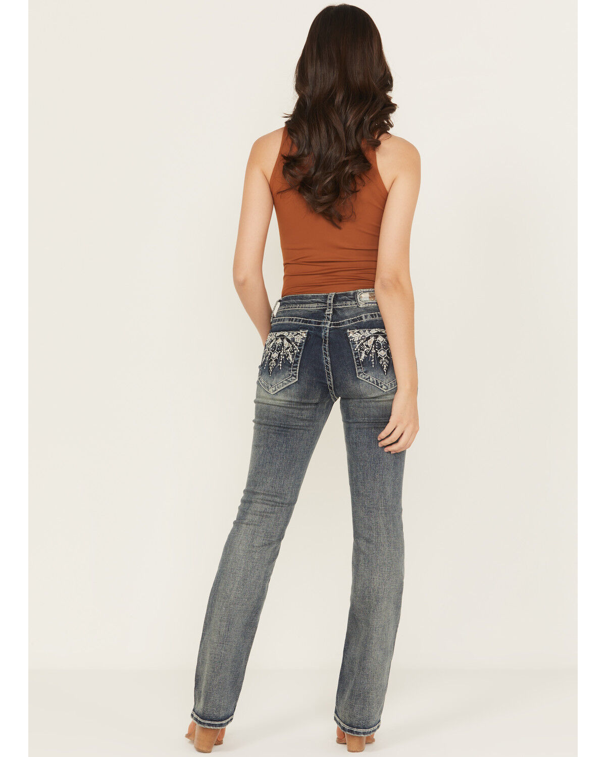 Grace in LA Women's Medium Wash Floral Embroidered Mid Rise Bootcut Stretch Denim Jeans