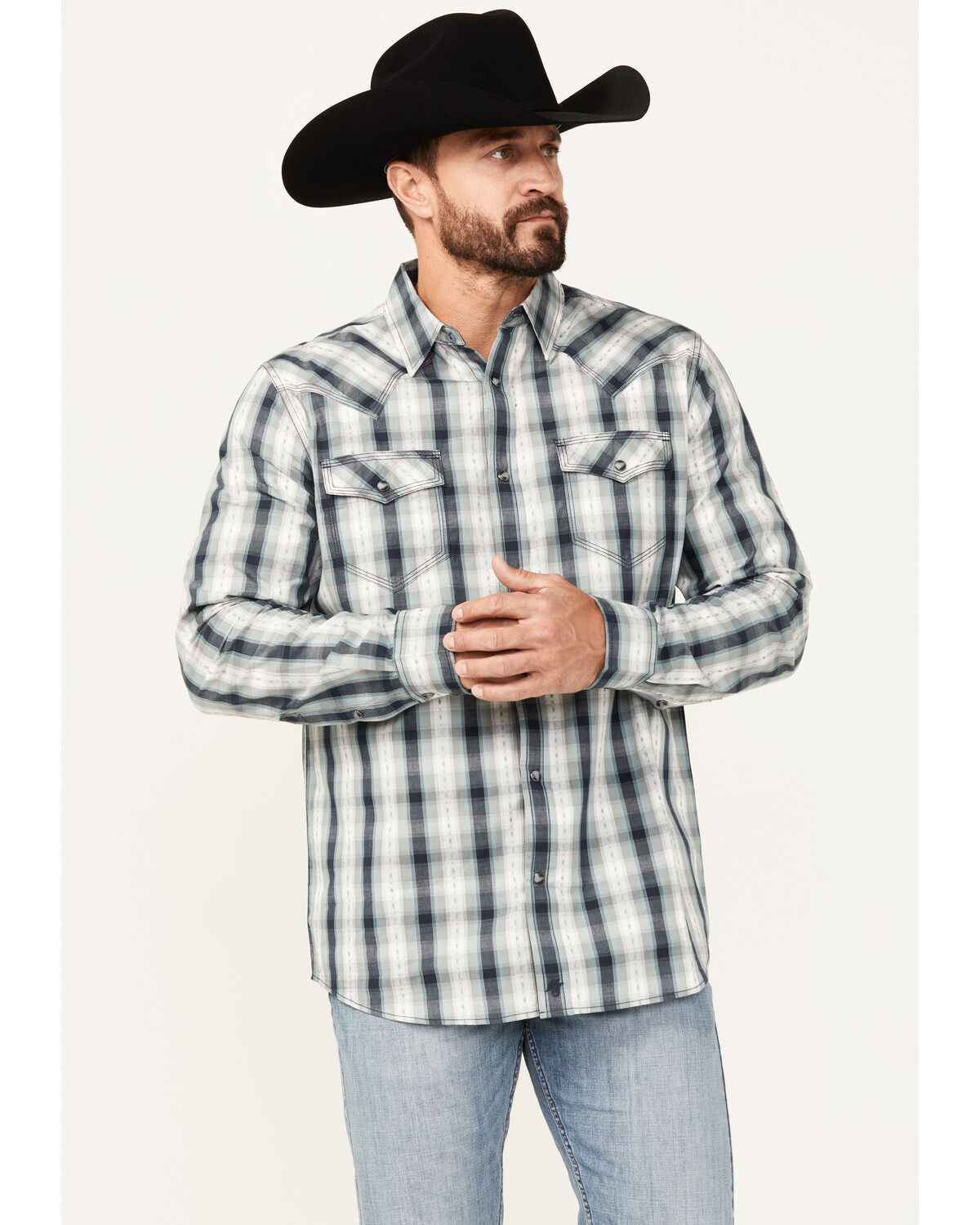 Moonshine Spirit Men's All Night Long Plaid Print Long Sleeve Snap Western Shirt