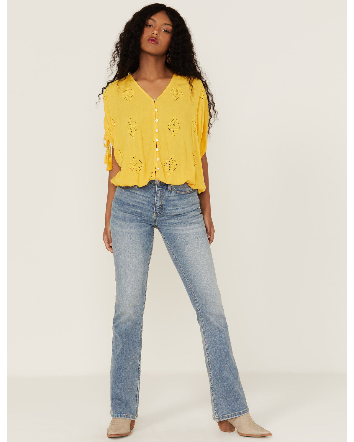 Miss Me Women's Mustard Button Front Embroidered Tassel Trim Top