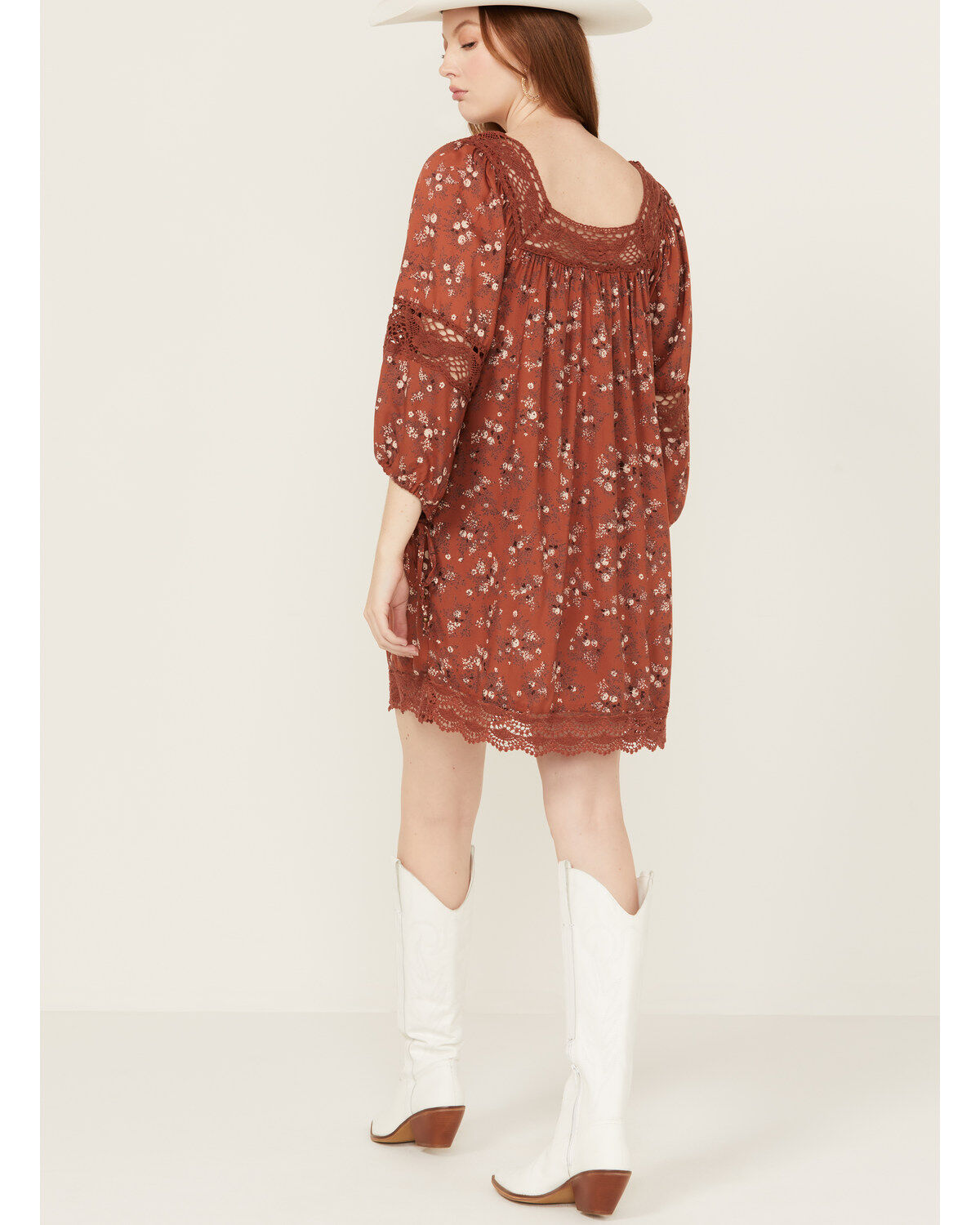 Angie Women's Floral Print Crochet Long Sleeve Mini Dress