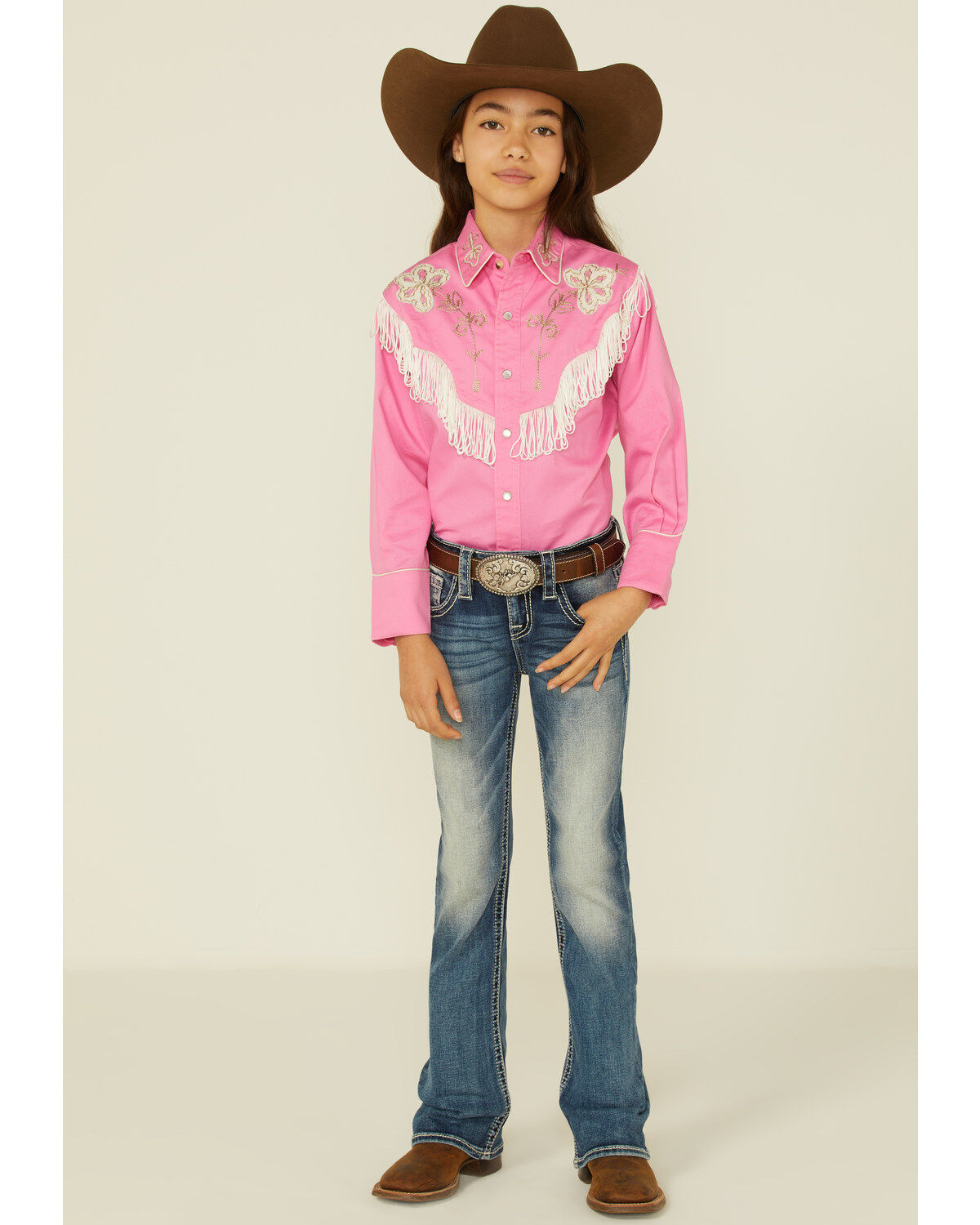 Rockmount Ranchwear Girls' Embroidered Vintage Fringe Long Sleeve Pearl Snap Western Shirt