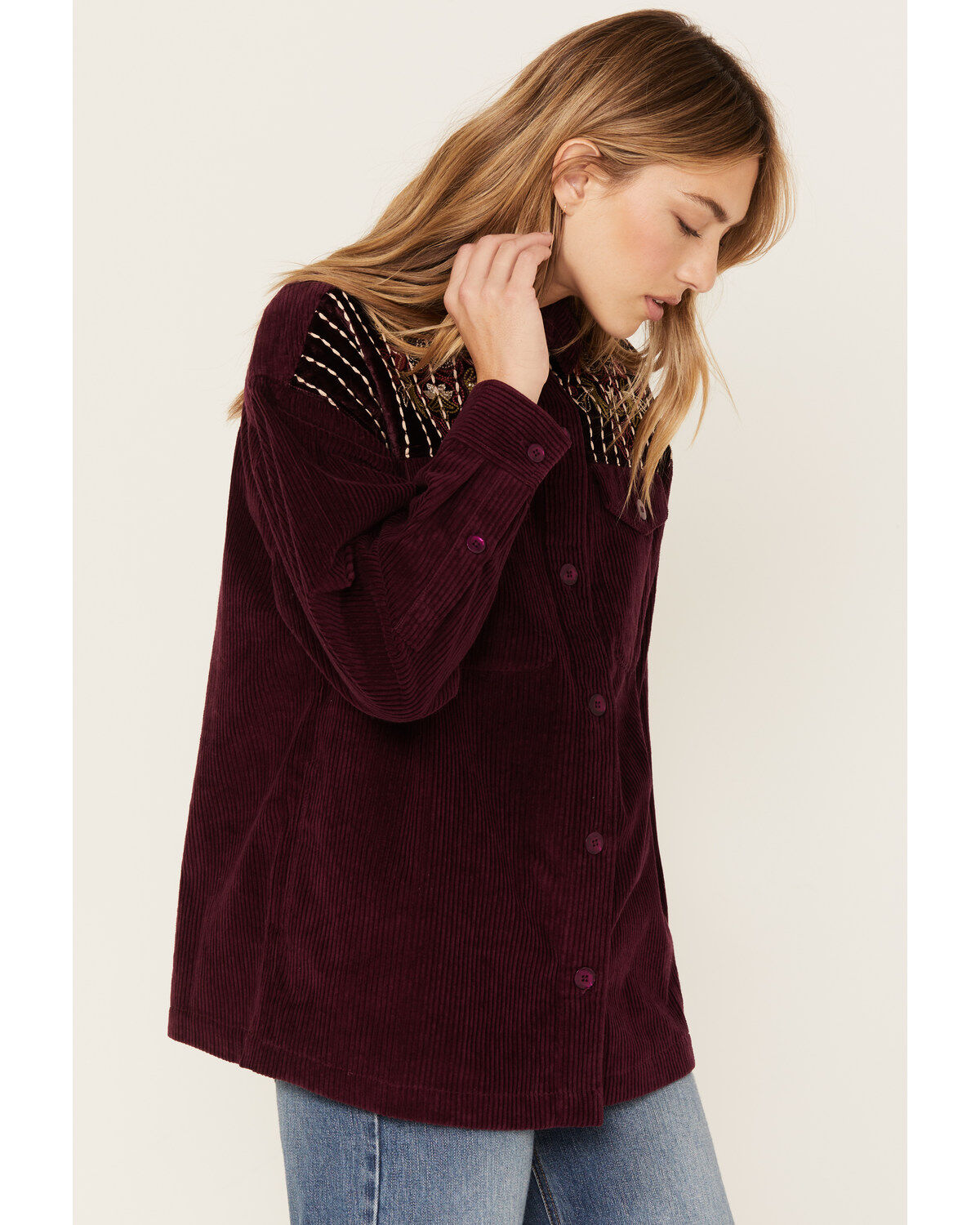 Cleo + Wolf Women's Embroidered Velvet Shacket