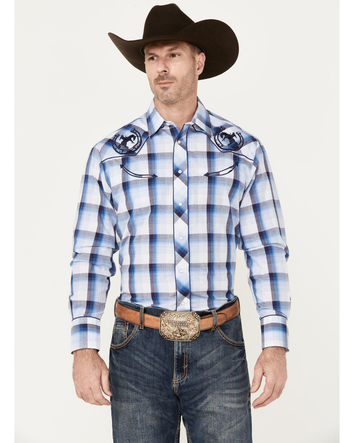 Roper Men's Embroidered Plaid Print Long Sleeve Pearl Snap Western Shirt